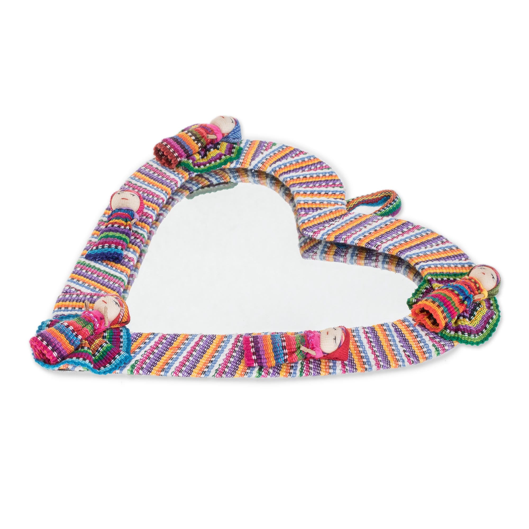 Premium Heart-Shaped Cotton Wall Mirror with Handcrafted Worry Dolls - Ultimate Guatemalan Artisan Decor