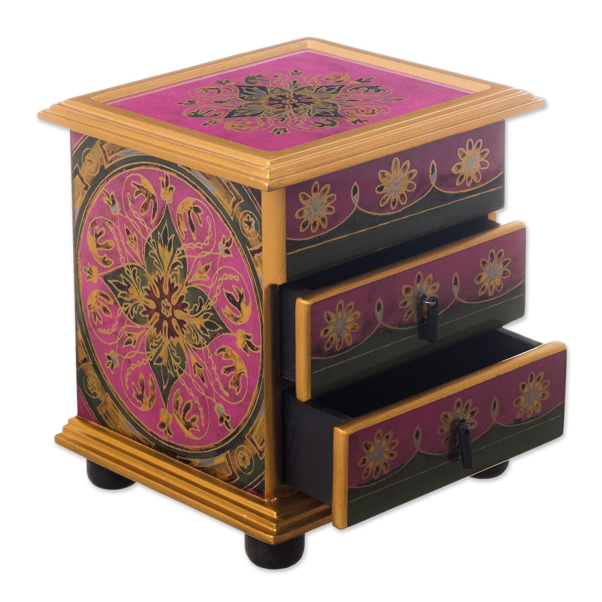 Premium Hand-Painted Floral Glass Jewelry Chest - Vintage Magenta Design