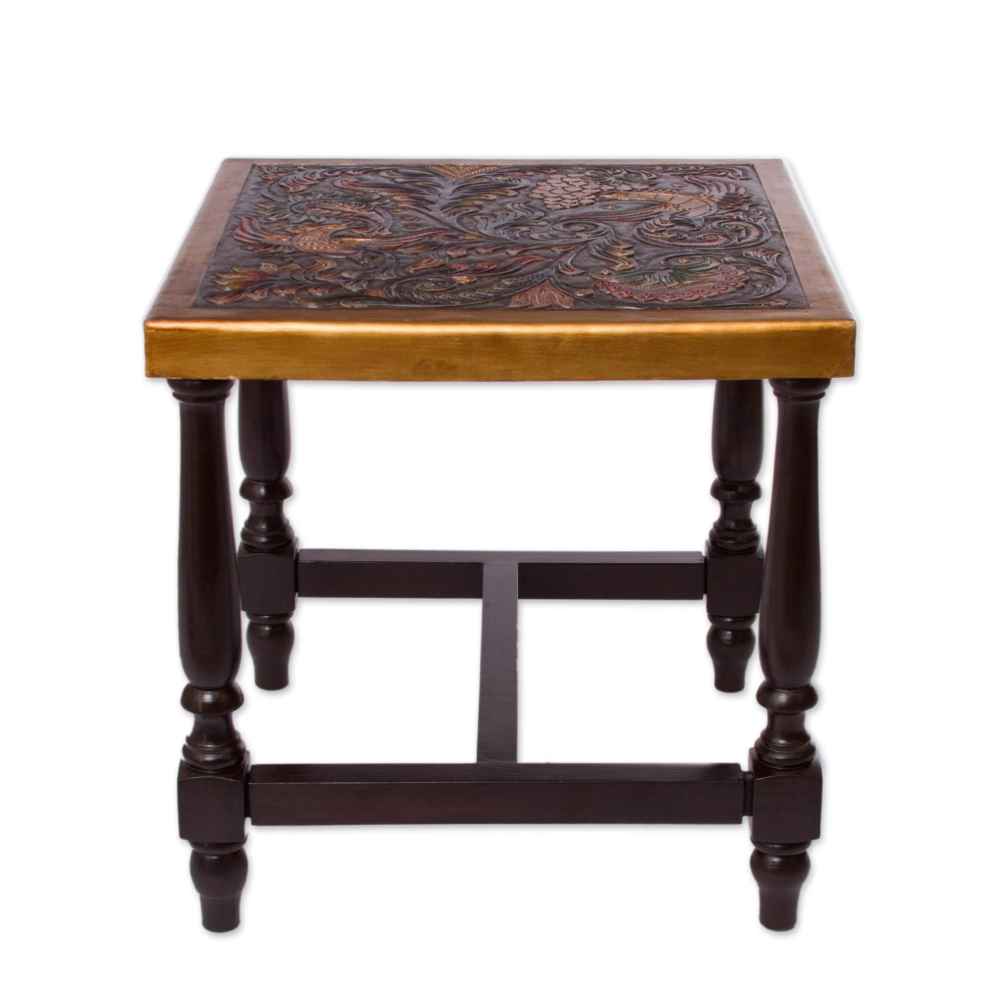 Ultimate Peacock Garden Table: Handcrafted Leather & Wood Masterpiece
