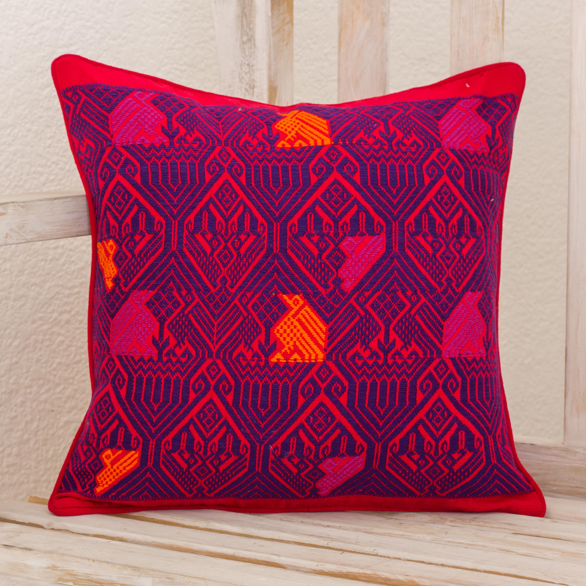 Premium Handwoven Maya Backstrap Loom Cushion Cover - Red & Purple with Bird Motif