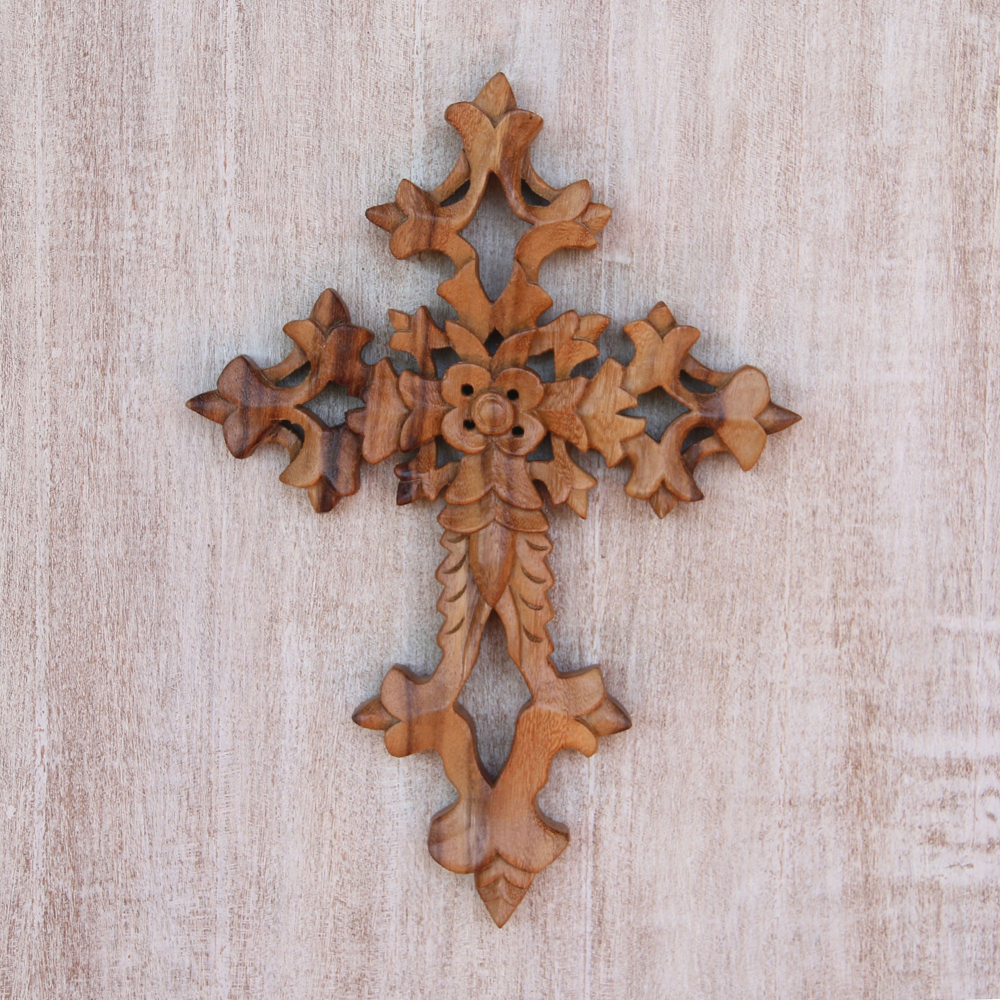 Premium Faith Blooms Hand-Carved Floral Suar Wood Wall Cross from Bali – Ultimate Christian Home Decor