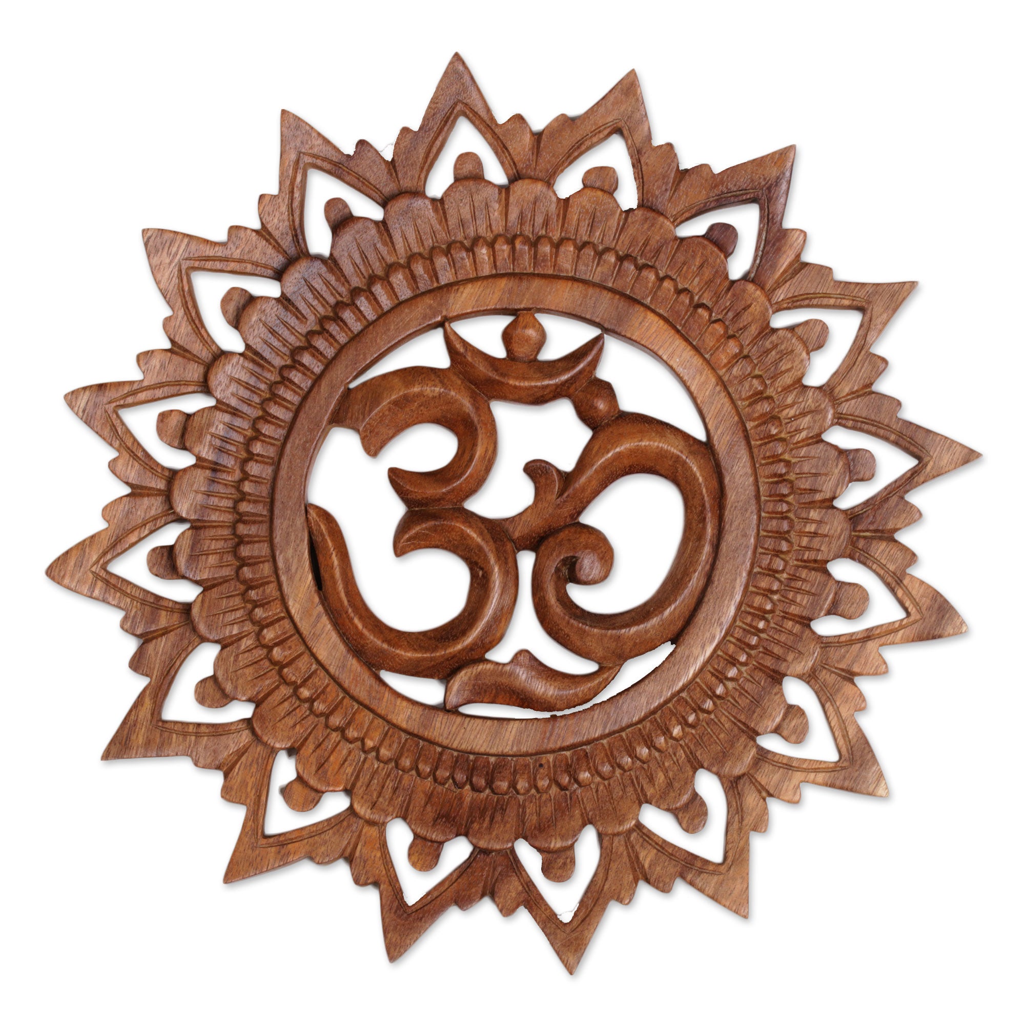 Premium Om Bloom Hand-Carved Suar Wood Panel – Bali's Tranquil Art