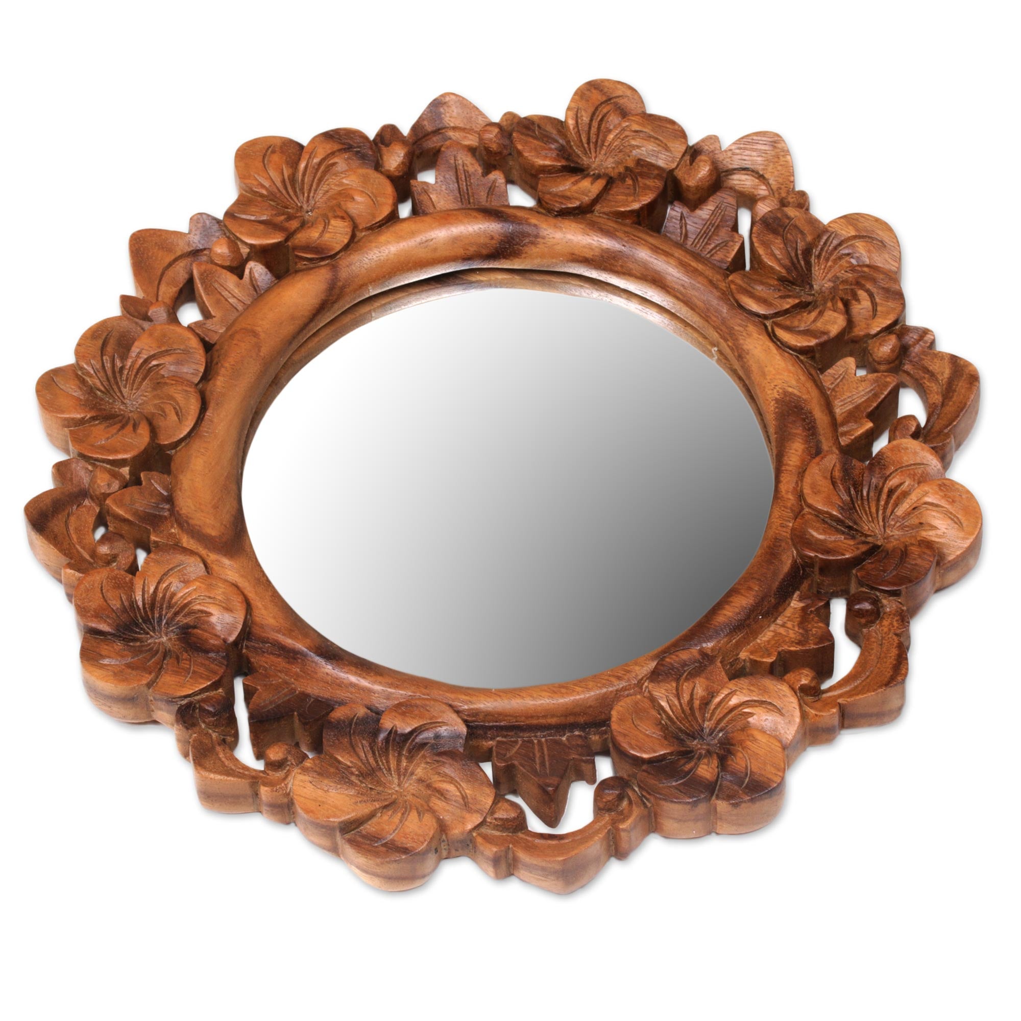 Premium Balinese Floral Wall Mirror - Hand Carved Suar Wood, Jepun Design