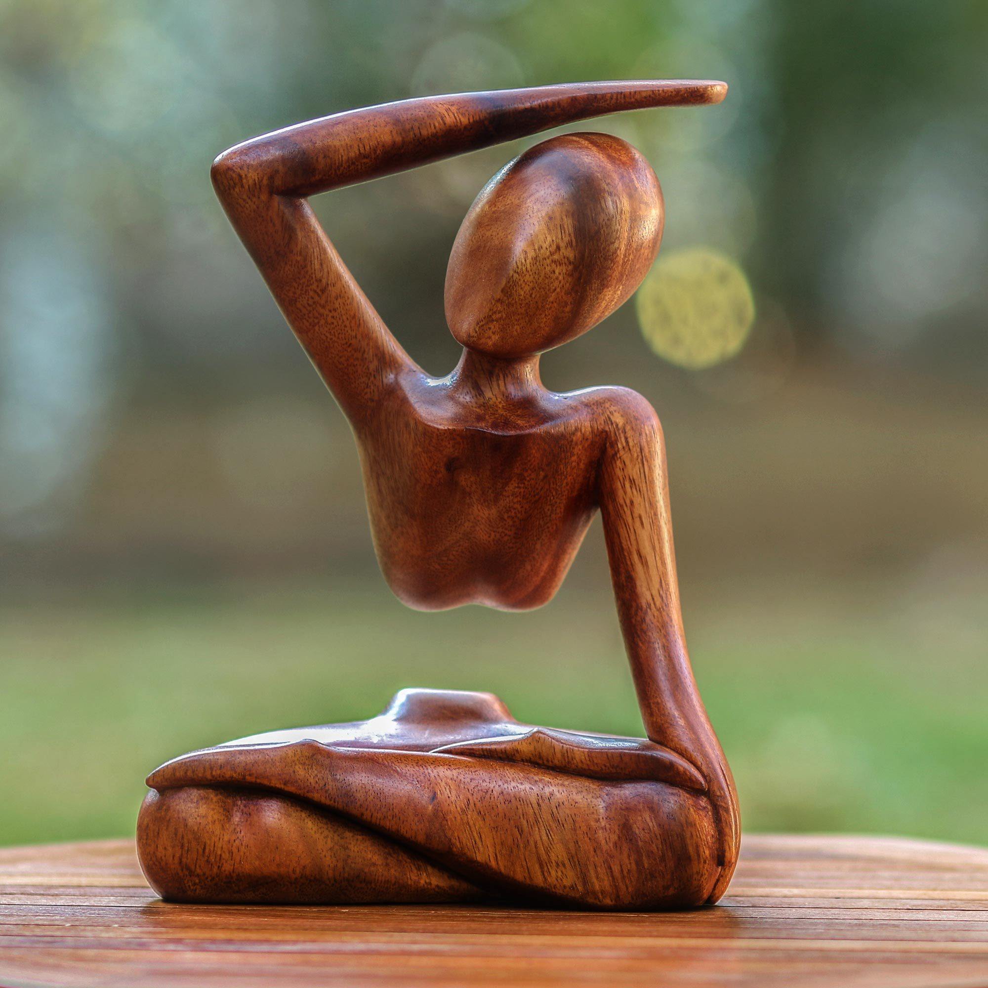 Premium Brown Suar Wood Yoga Sculpture - Handcrafted Art Piece