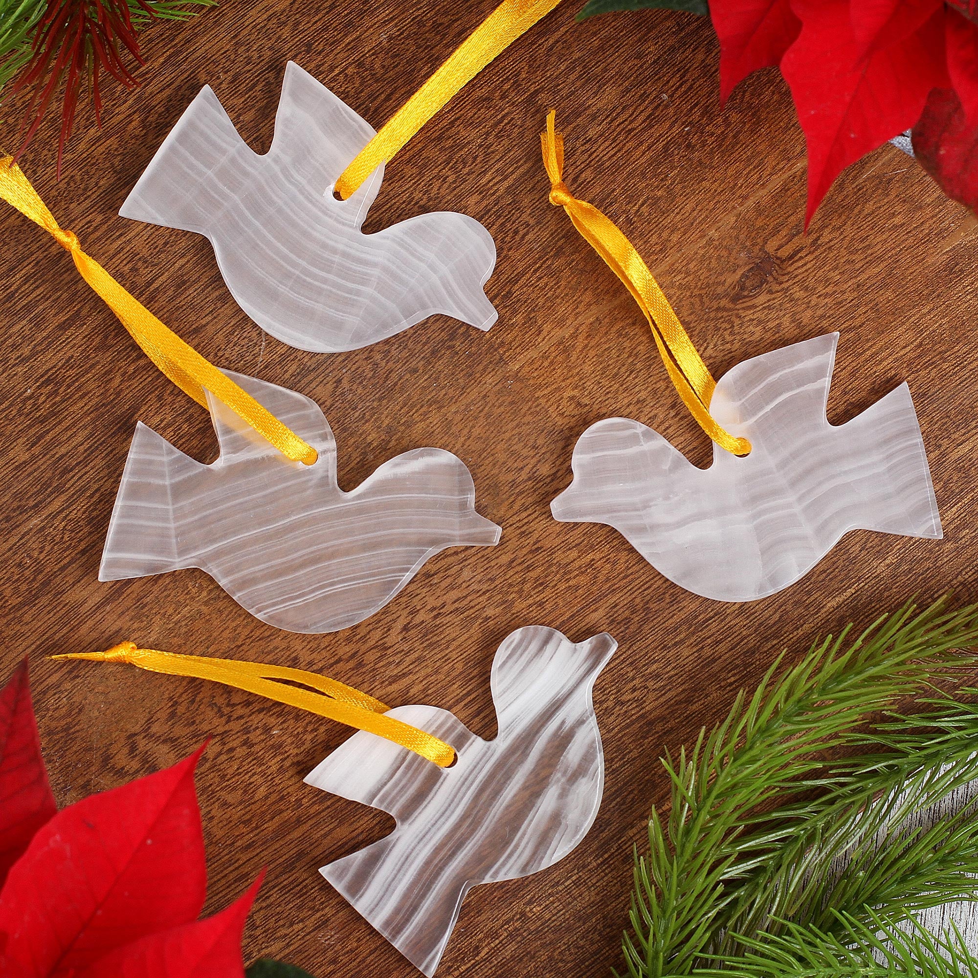 Premium Handcrafted Onyx Dove Ornaments Set of 4 – Unique Mexican Artistry