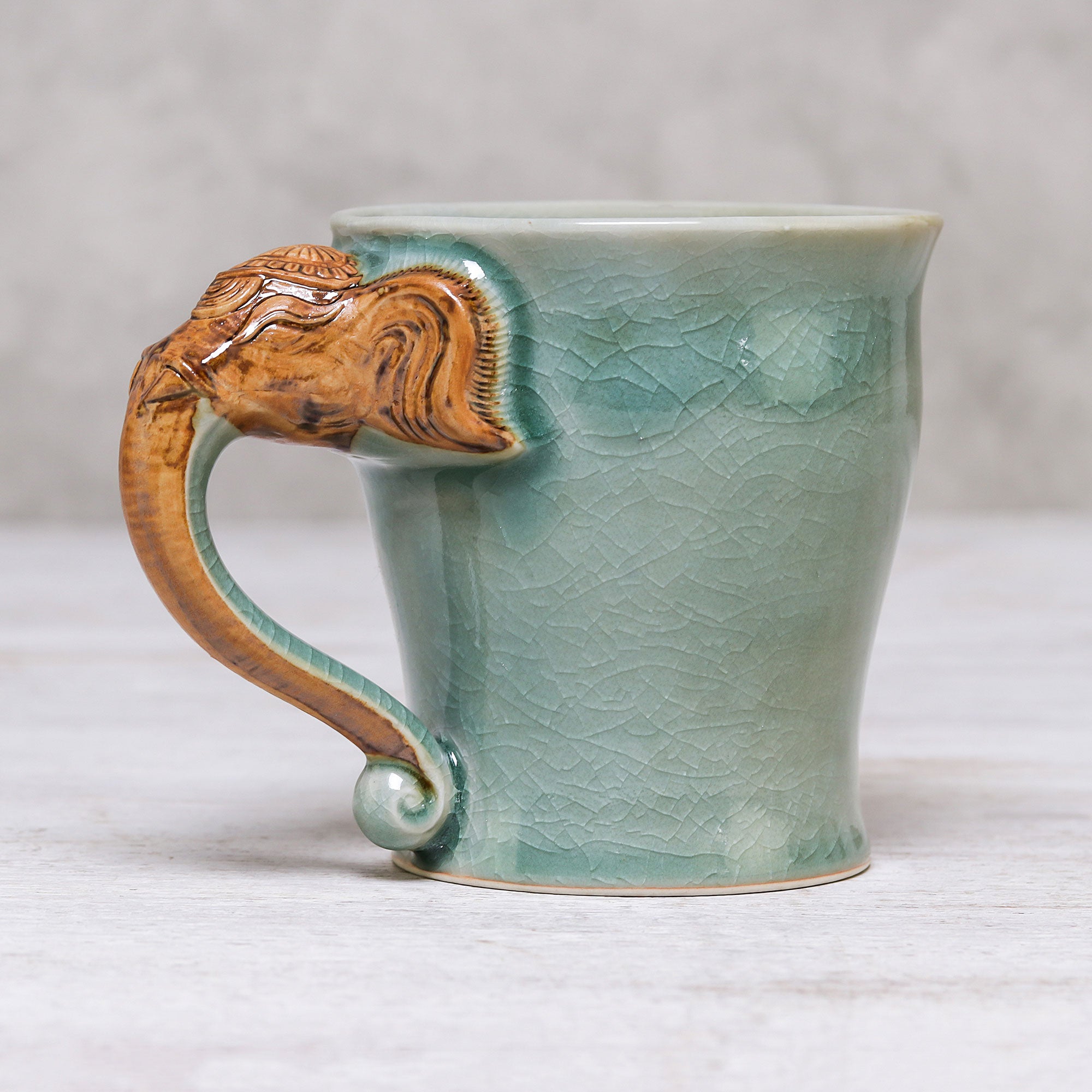 Premium Elephant Handle Ceramic Mug - Green Celadon, 10 oz.