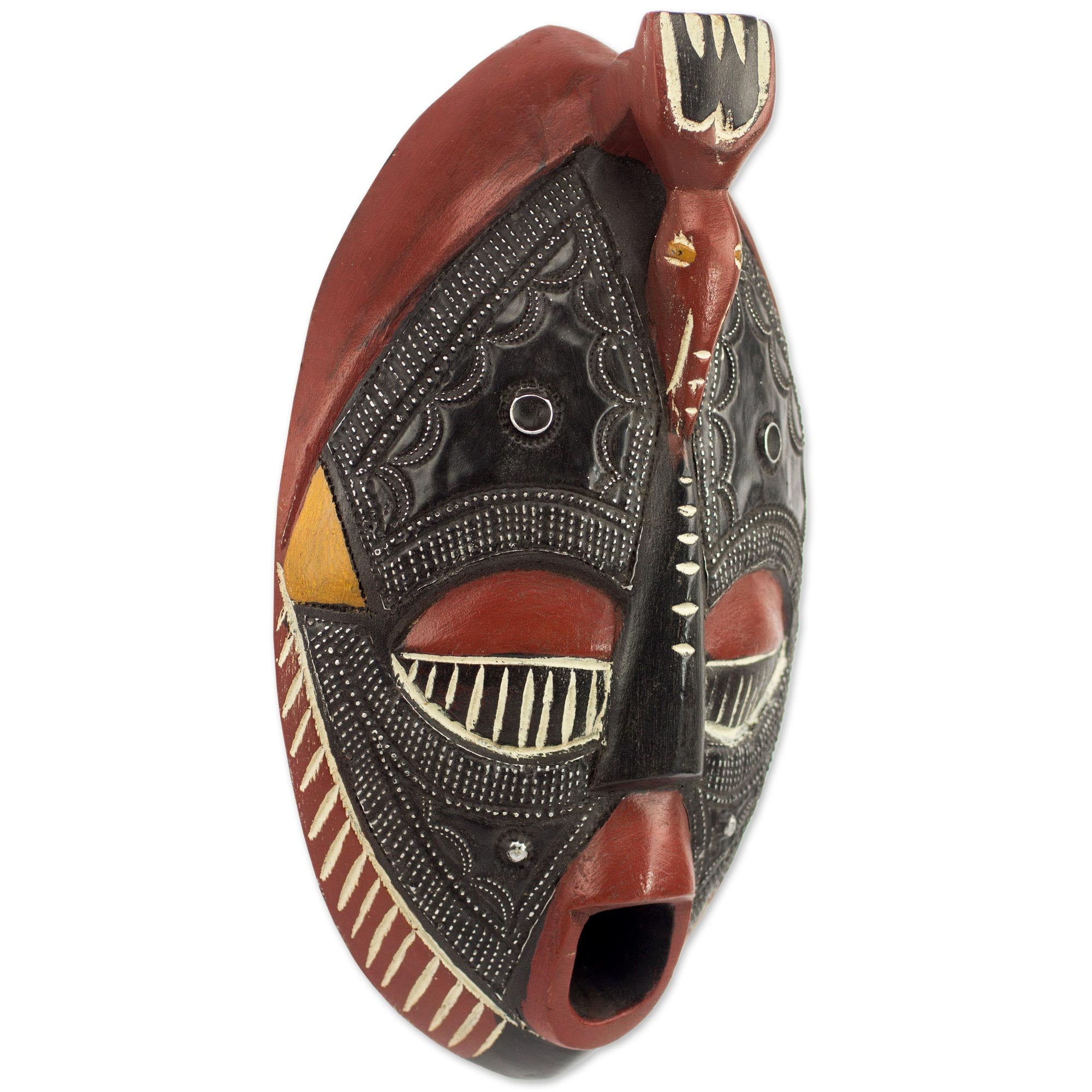 Premium African Carved Town Crier Mask - Sese Wood & Aluminum Wall Decor