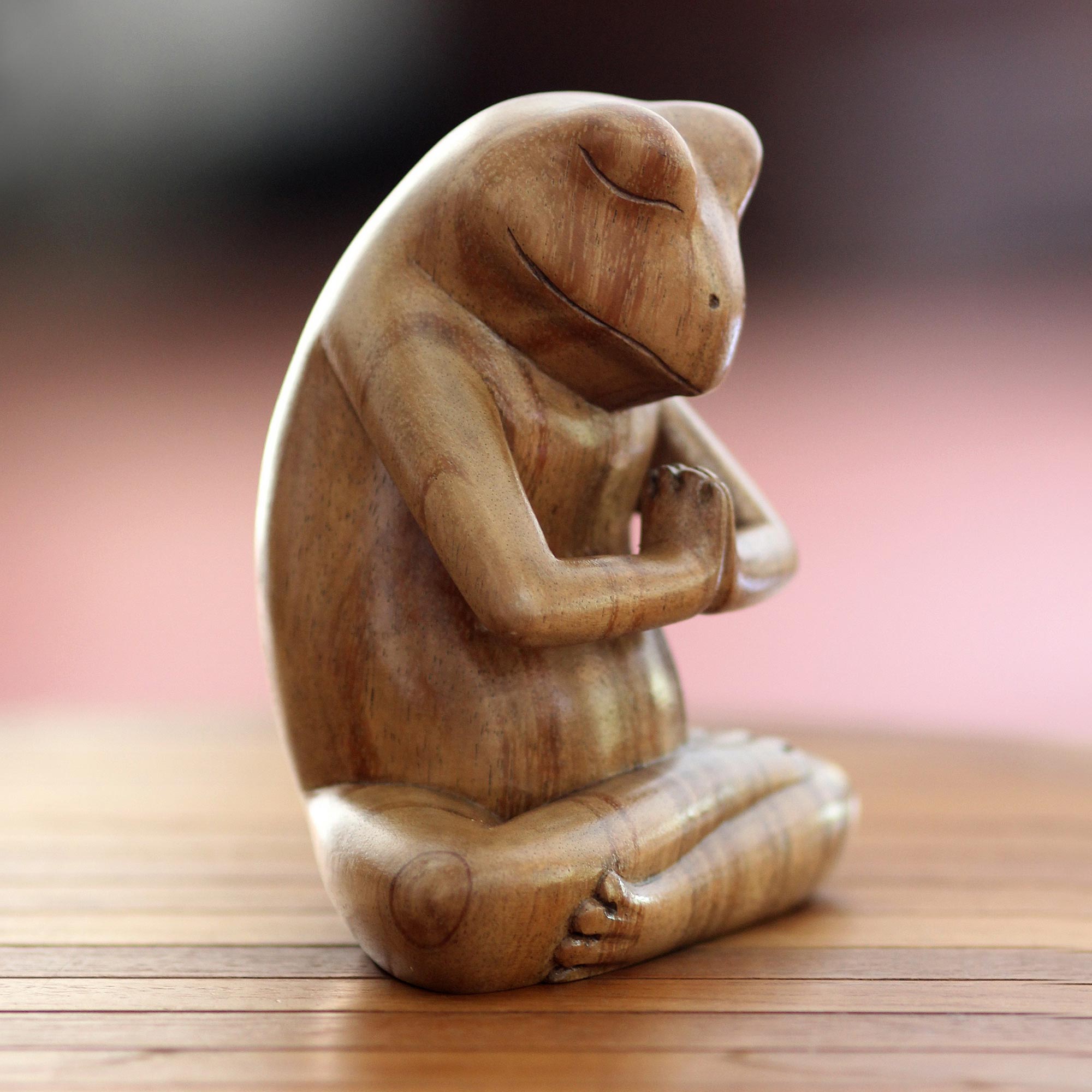 Premium Yoga Frog Sculpture - Handcrafted Suar Wood Art