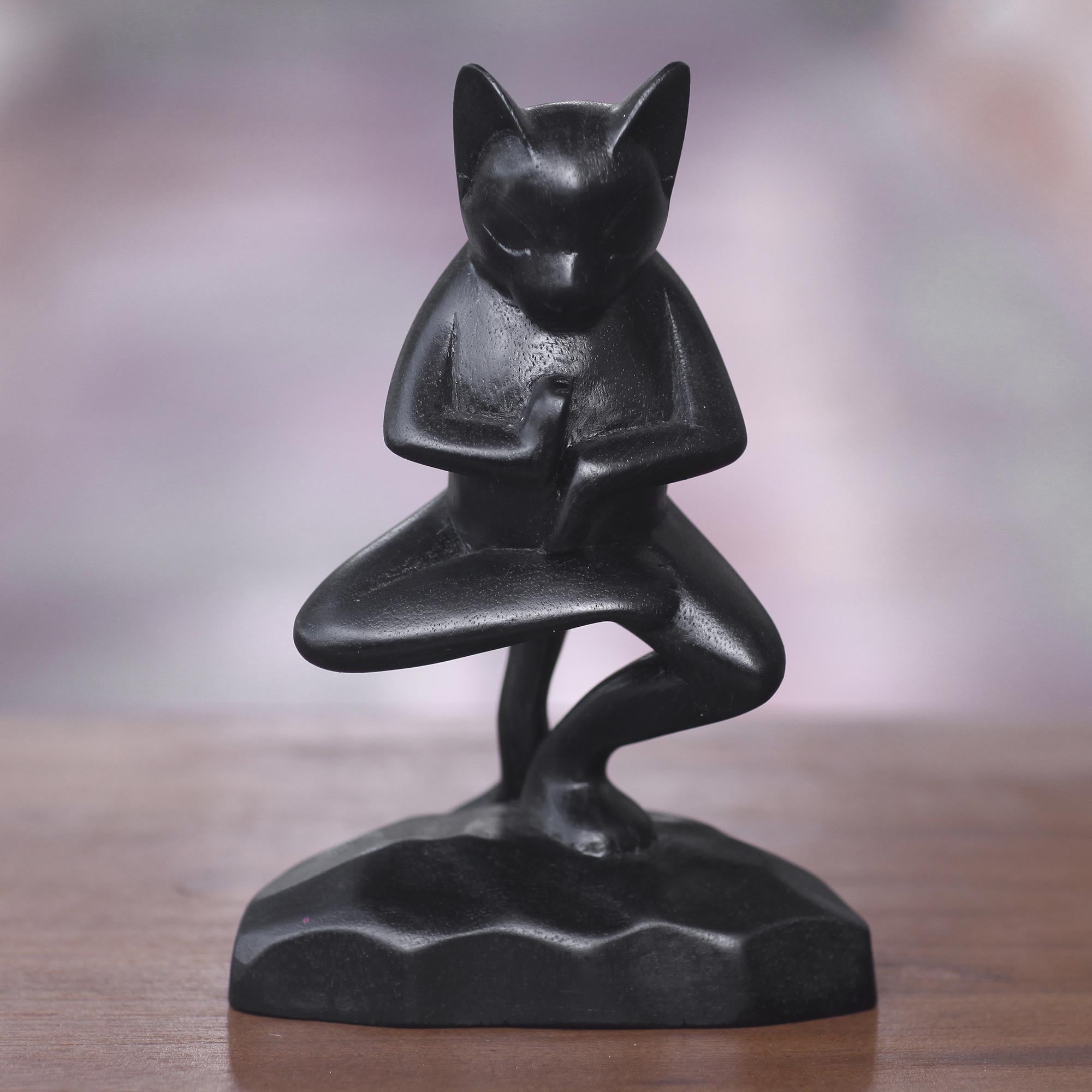Premium Black Cat Yoga Sculpture - Handcrafted Suar Wood Art