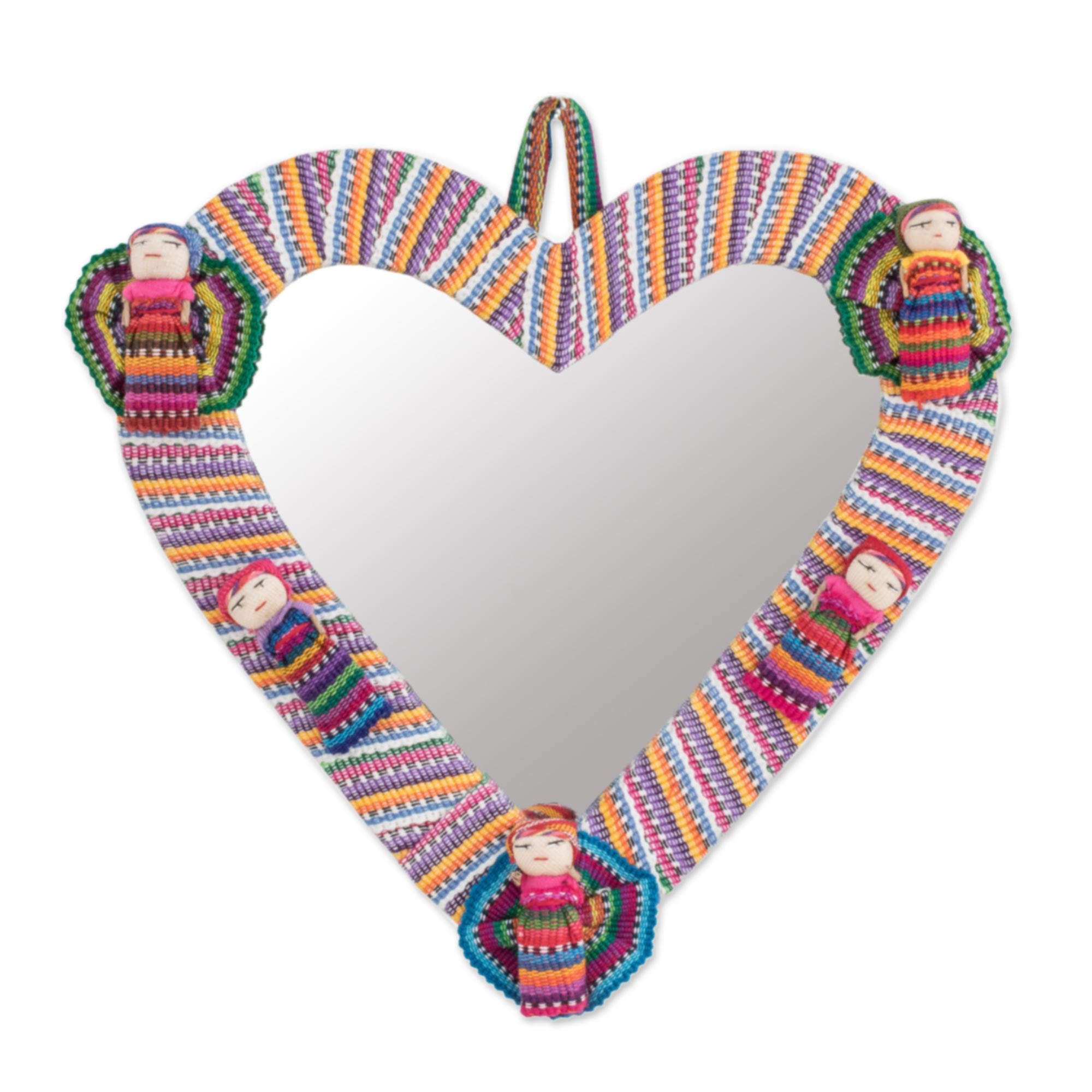Premium Heart-Shaped Cotton Wall Mirror with Handcrafted Worry Dolls - Ultimate Guatemalan Artisan Decor