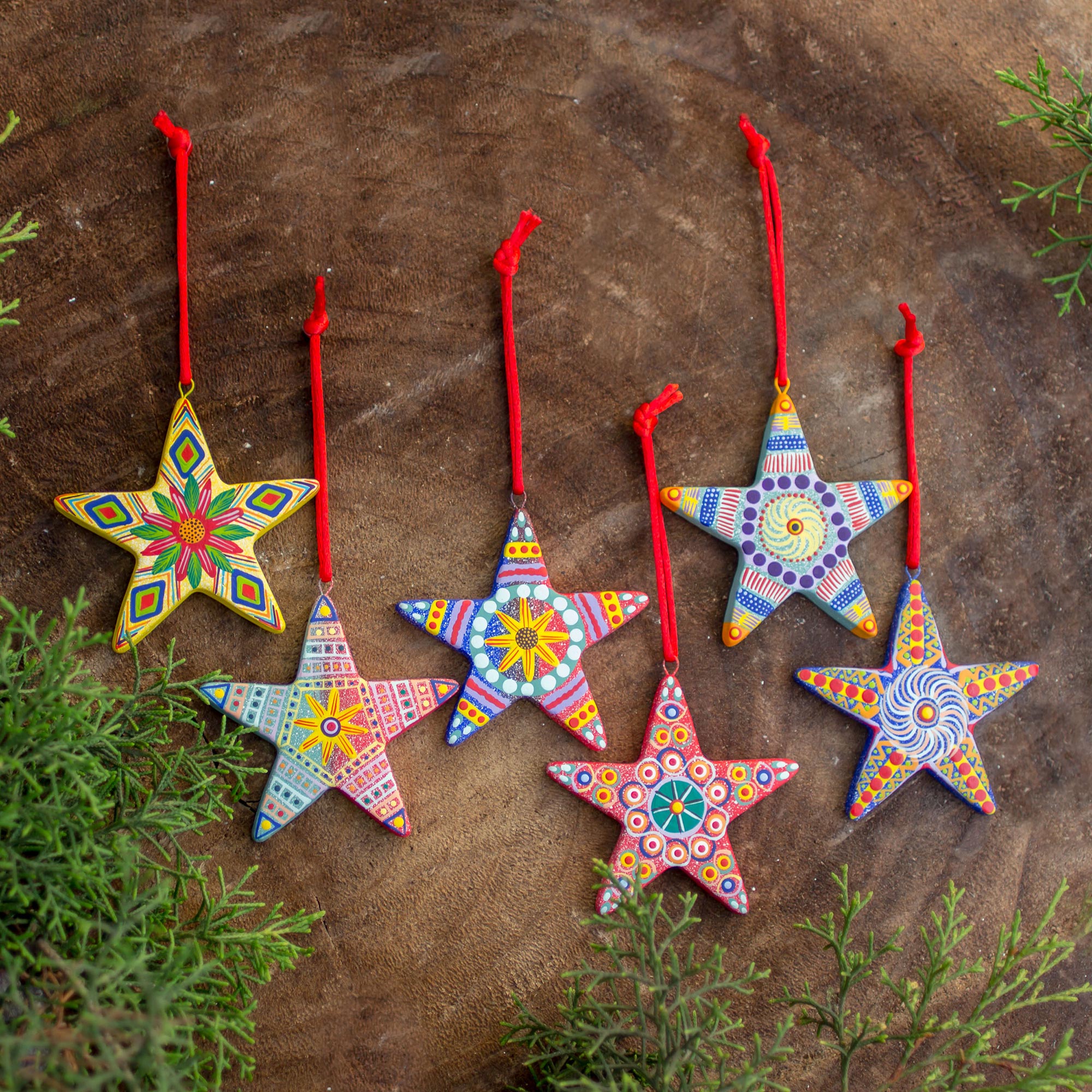 Premium Hand-Painted Christmas Star Ceramic Ornament Set - Set of 6