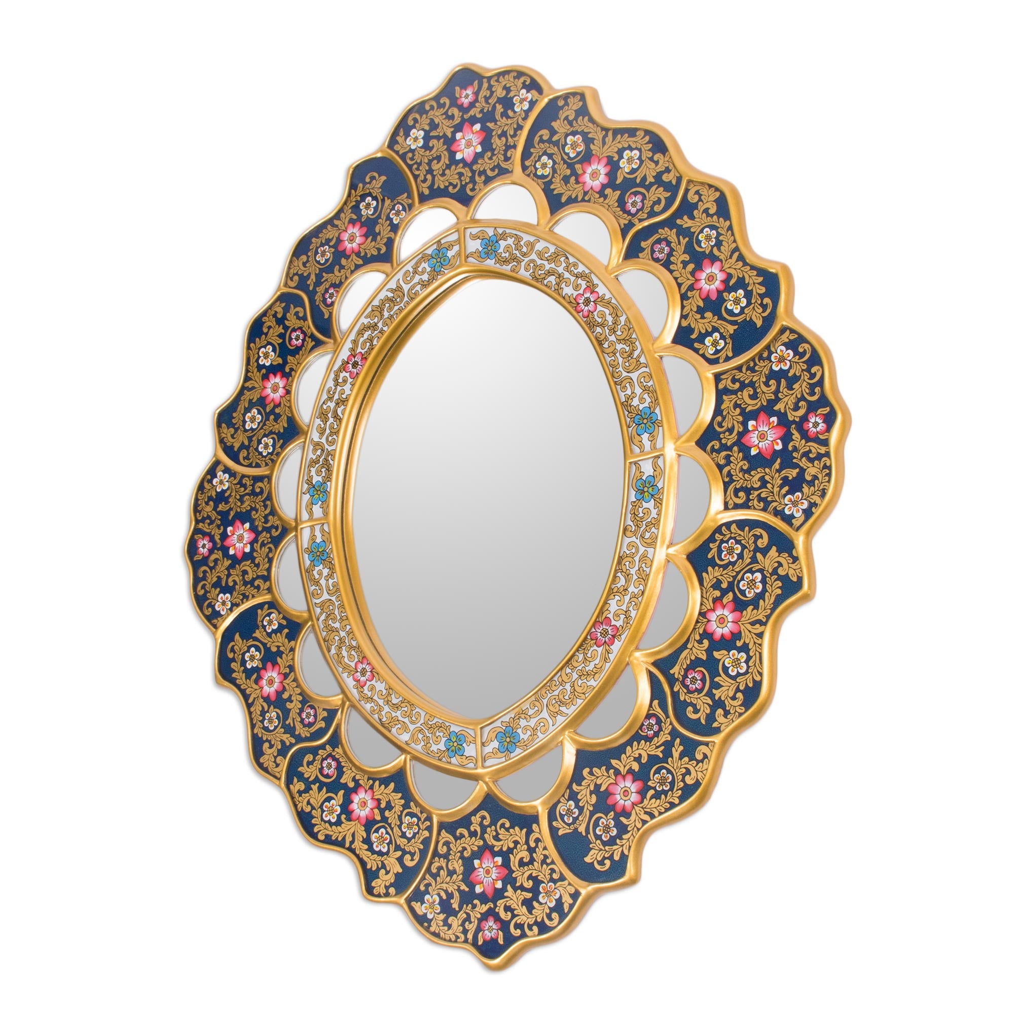 Premium Golden Garden Floral Reverse Painted Art Glass Wall Mirror