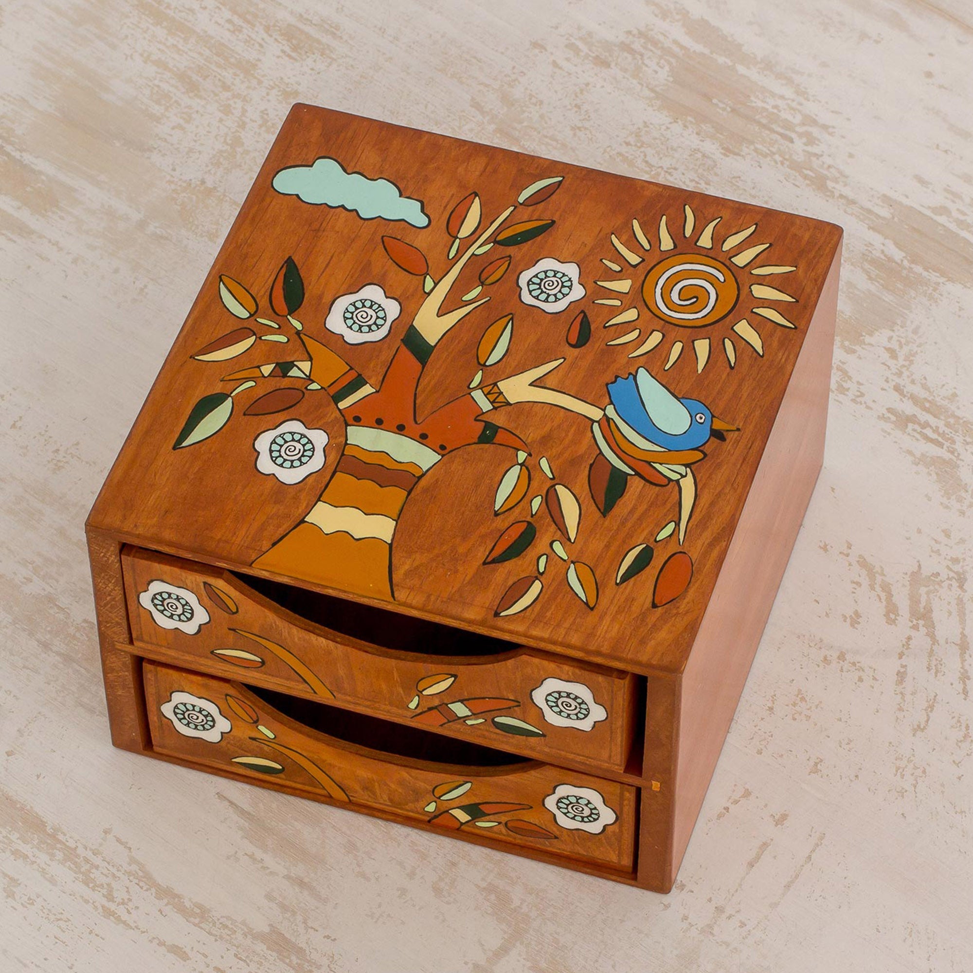 Premium Hand-Painted Pinewood Jewelry Box with Bird & Tree Design