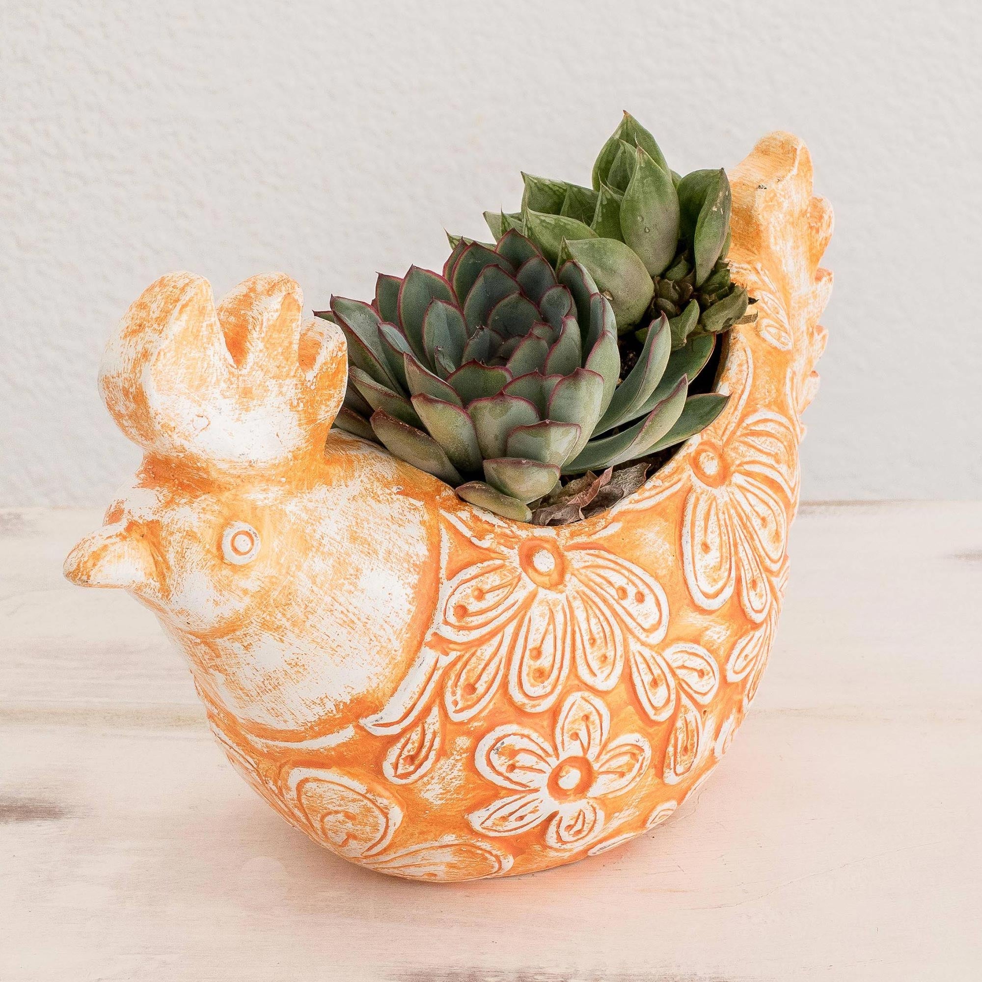 Premium Handcrafted Ginger Hen Ceramic Flower Pot - Vibrant Orange Home Decor from El Salvador