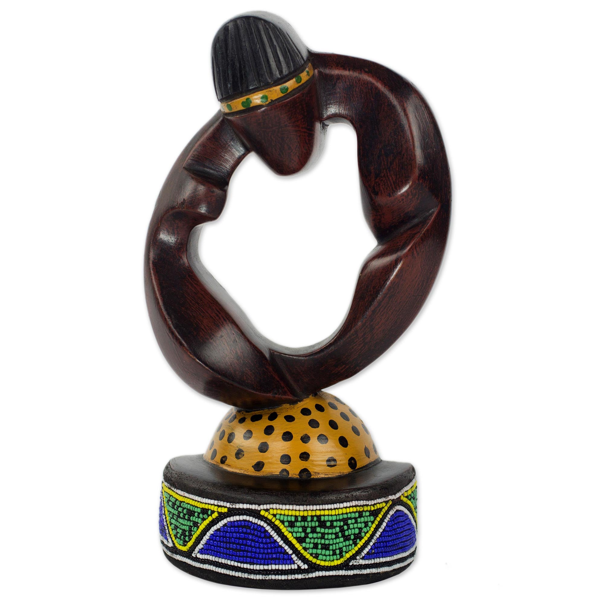 Premium Hand-Carved Ikenna Wooden Sculpture with Recycled Glass Beads