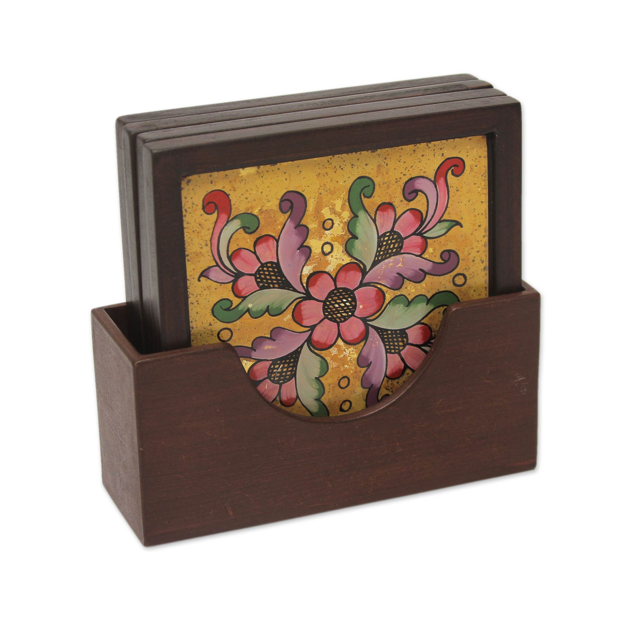 Premium Blushing Blooms Hand-Painted Glass Coaster Set with Holder