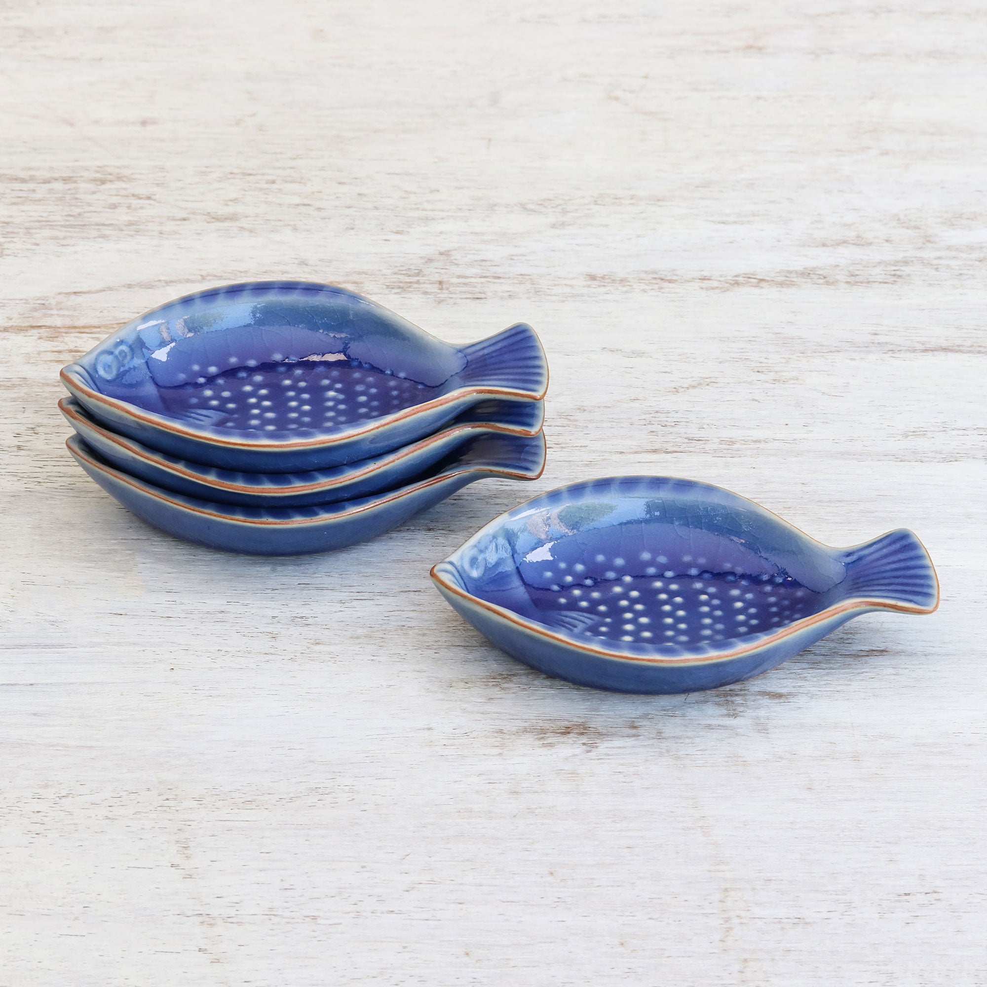 Premium Blue Fish-Shaped Ceramic Appetizer Bowls (Set of 4) - Perfect for Parties
