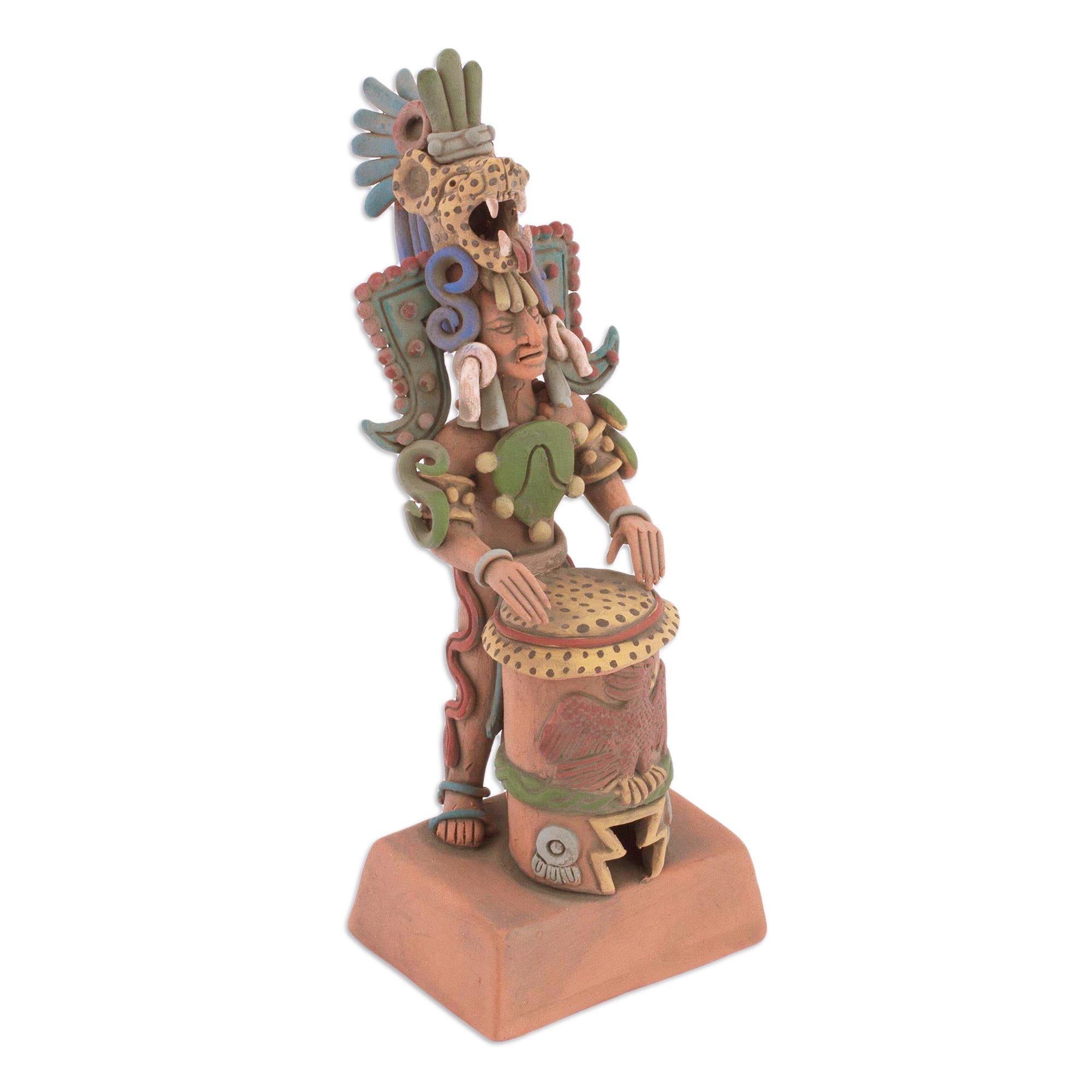 Premium Aztec Jaguar Warrior & Huehuetl Drum Sculpture - Ultimate Museum Replica