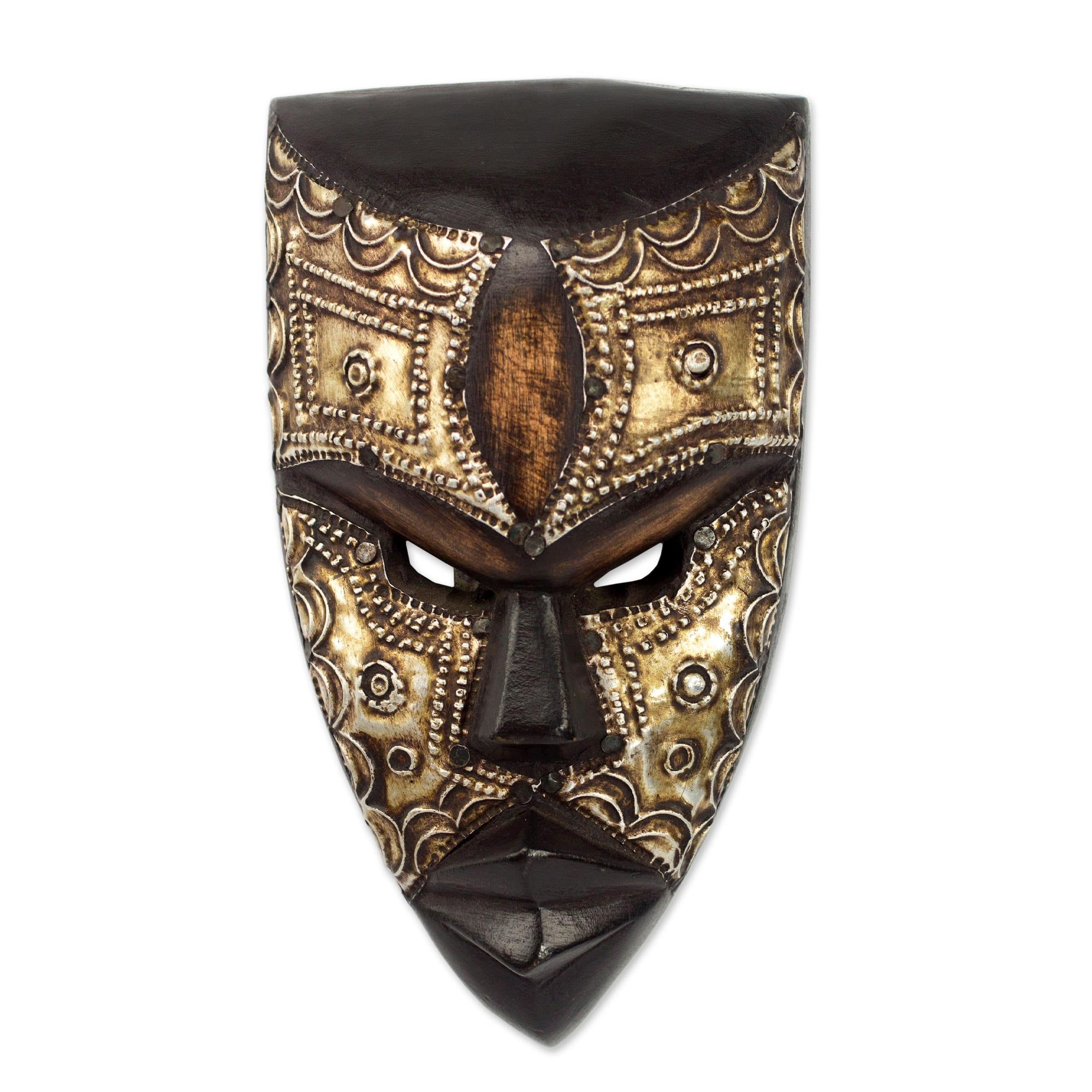 Premium Mbara Hunter Ghanaian Wall Mask - Handcrafted Wood & Aluminum Art