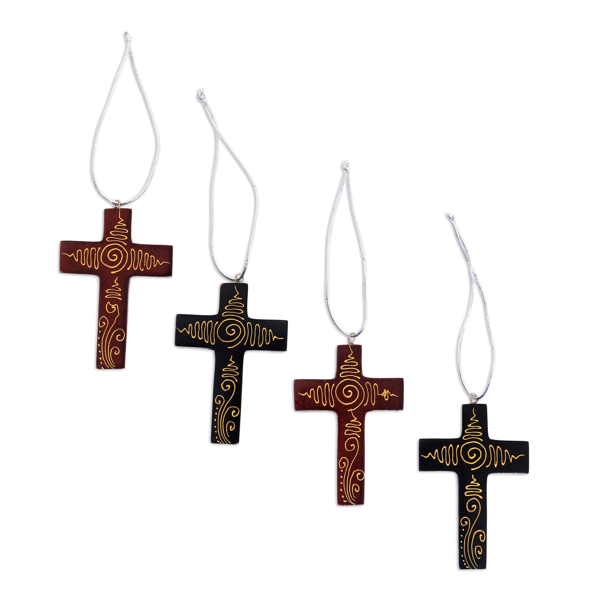 Premium Handcrafted Mahogany Cross Ornaments - Set of 4