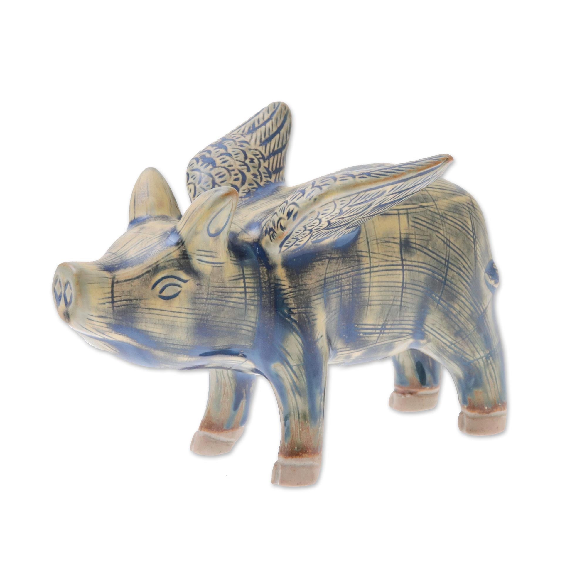Premium Handcrafted Celadon Ceramic Flying Pig Figurine in Mustard & Blue