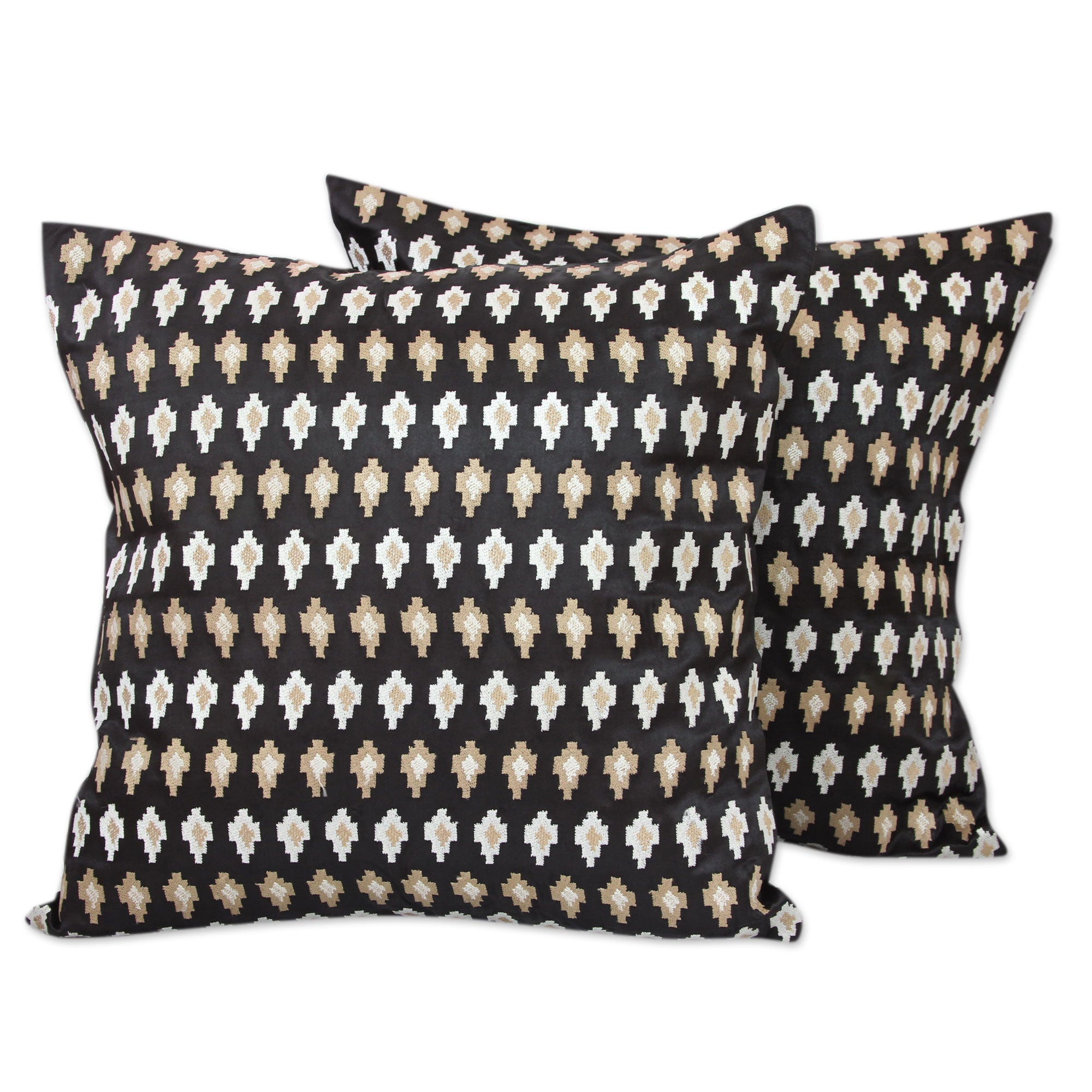 Premium Midnight Desert Embroidered Satin Cushion Covers - Cosmic Beige Stars on Black (Pair)