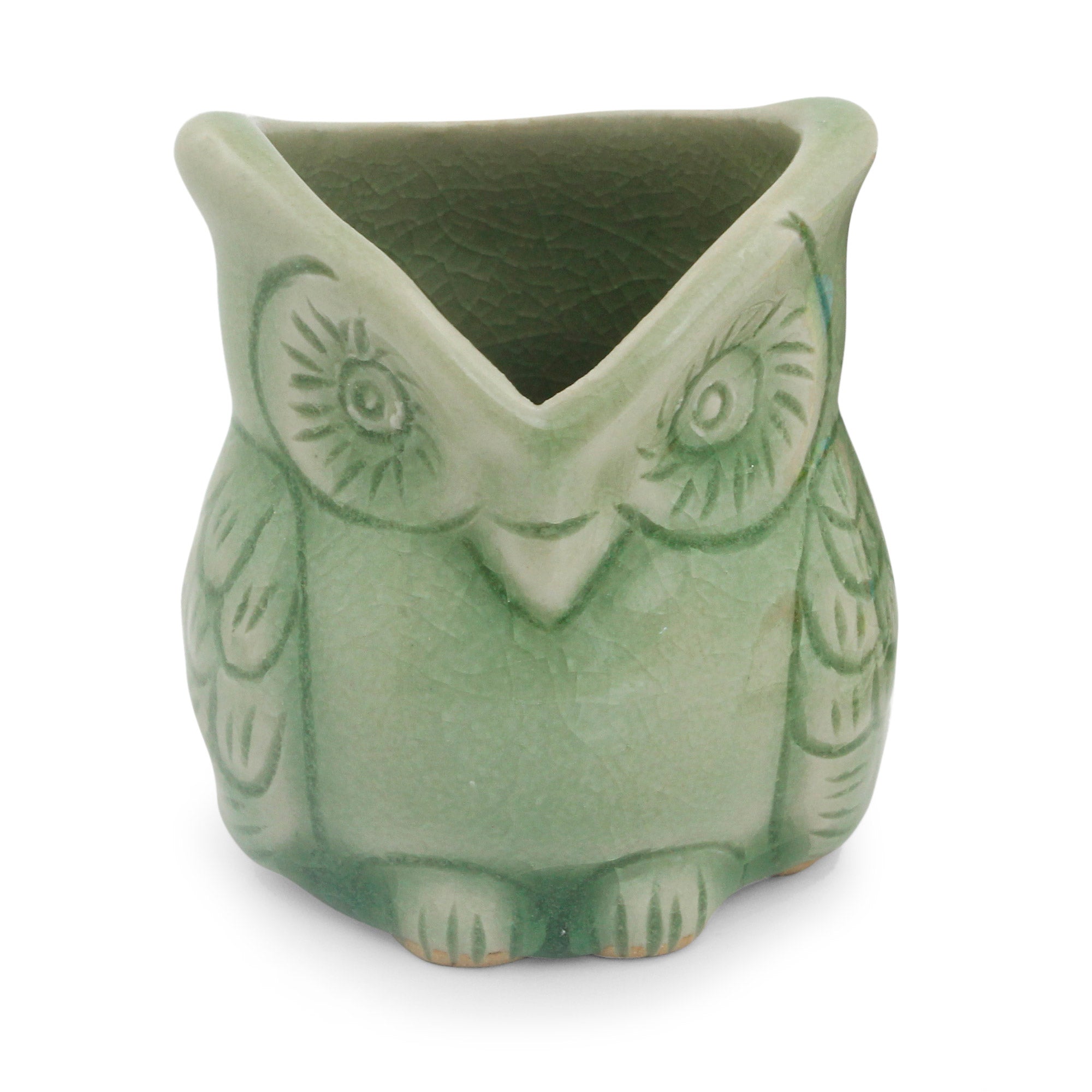 Premium Handcrafted Green Thai Celadon Owl Pot - Bird-Themed Elegance