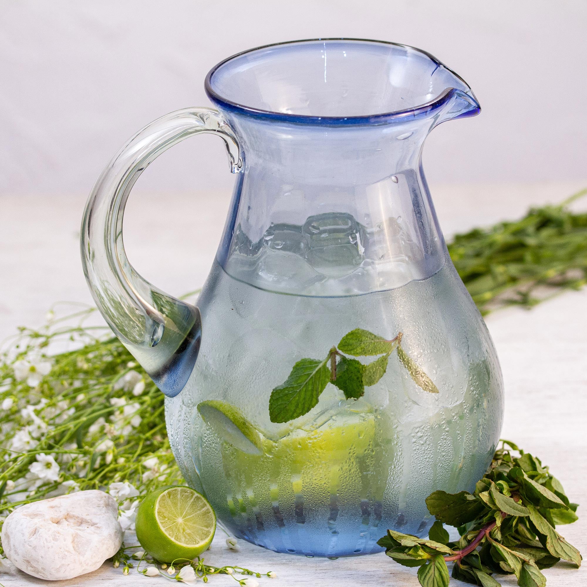 Premium Fiesta Azul Hand-Blown Recycled Glass Pitcher - Ultimate Table Upgrade