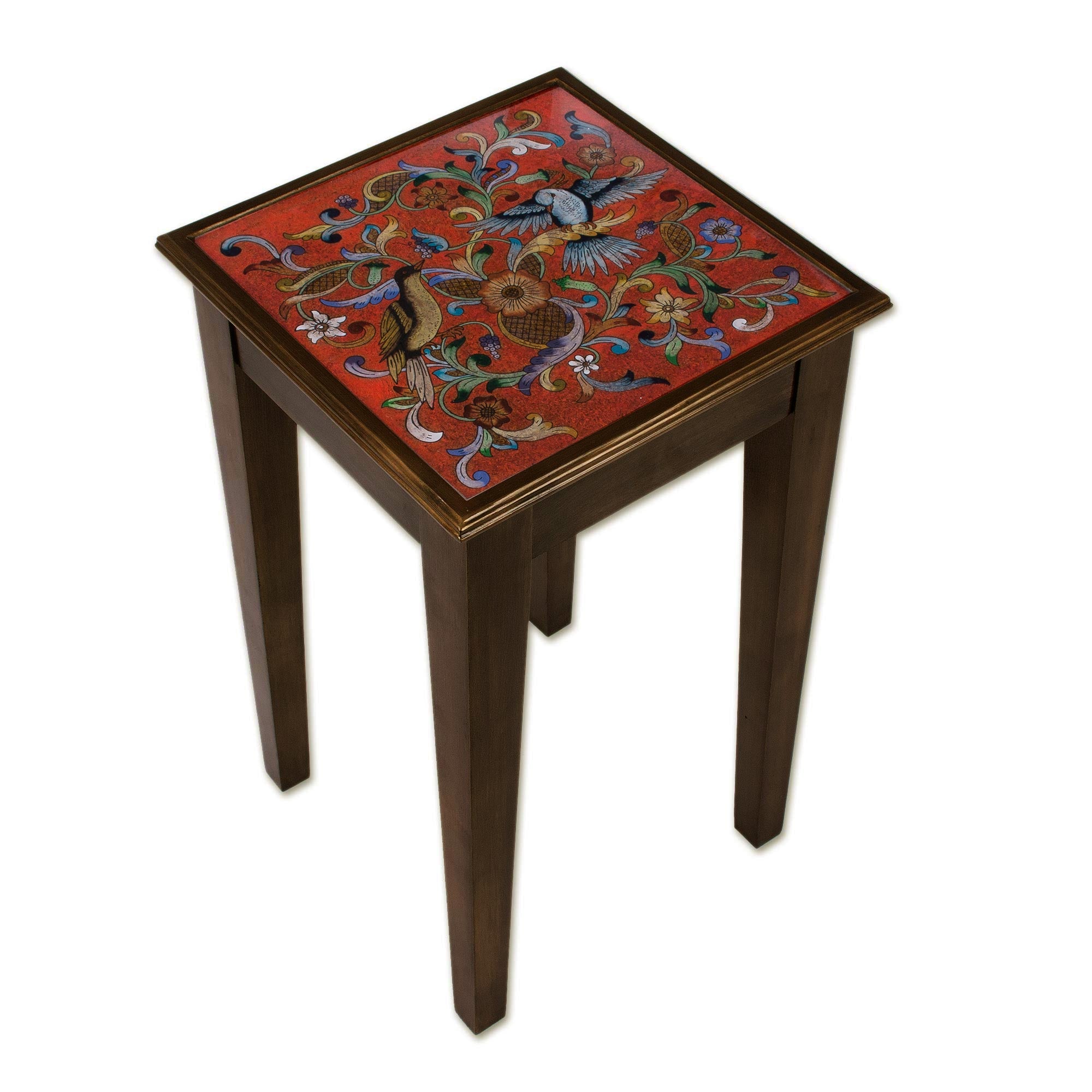 Premium Reverse-Painted Glass Accent Table with Floral and Bird Motif