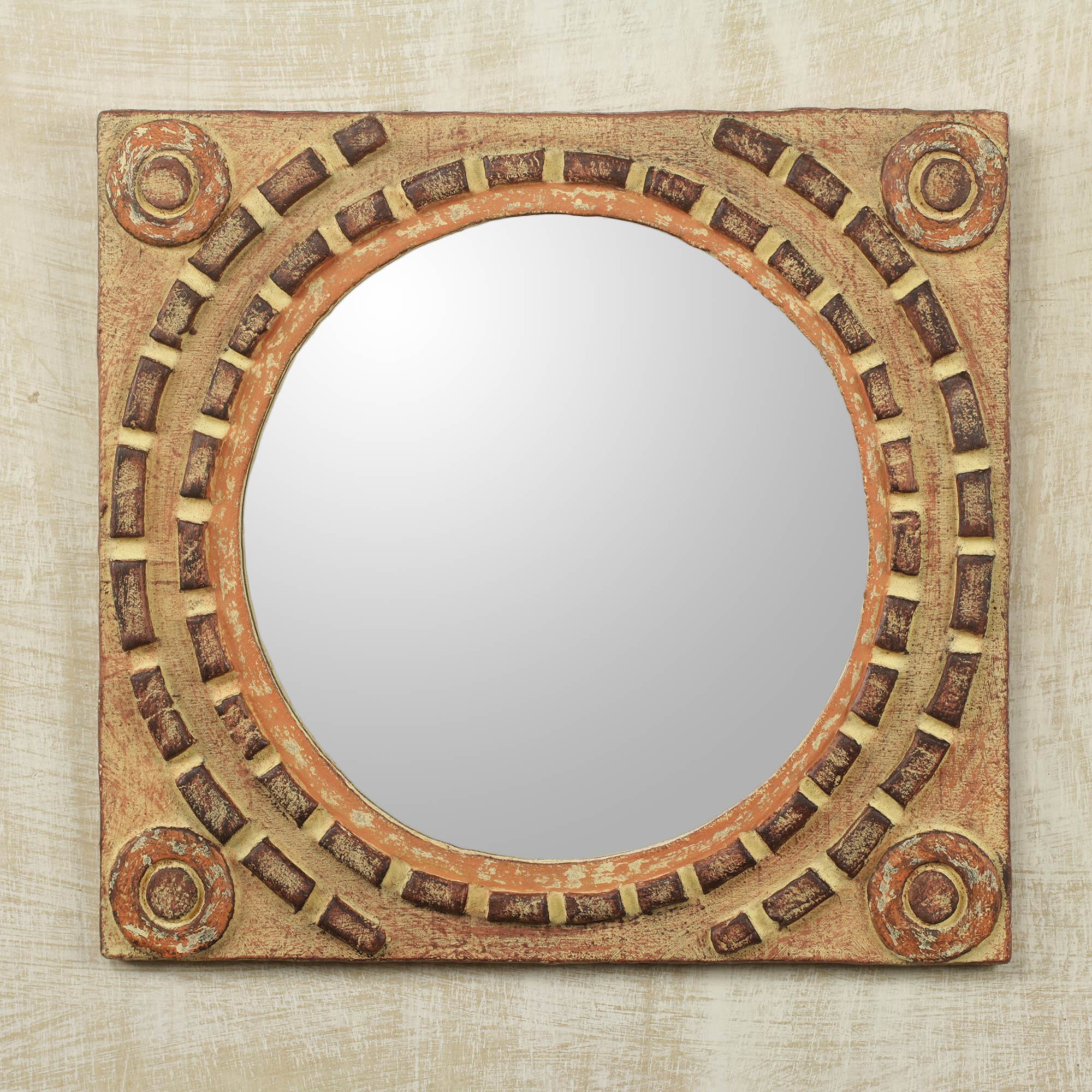 Premium African Sese Wood Wall Mirror with Rustic Bead Design