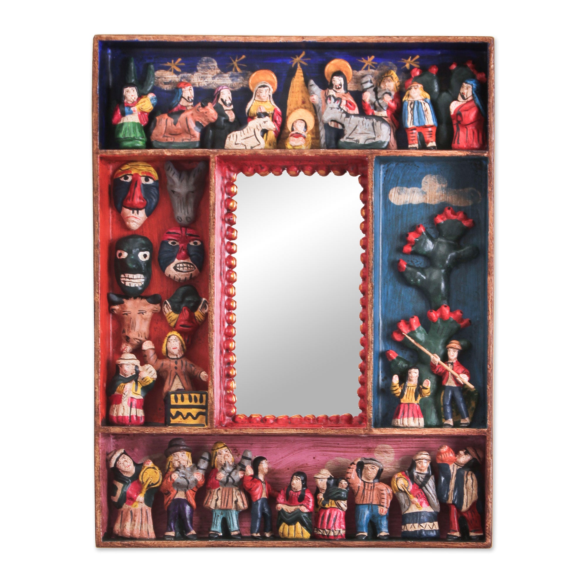 Premium Andean Folk Art Retablo Wall Mirror - Little Carnaval Scene