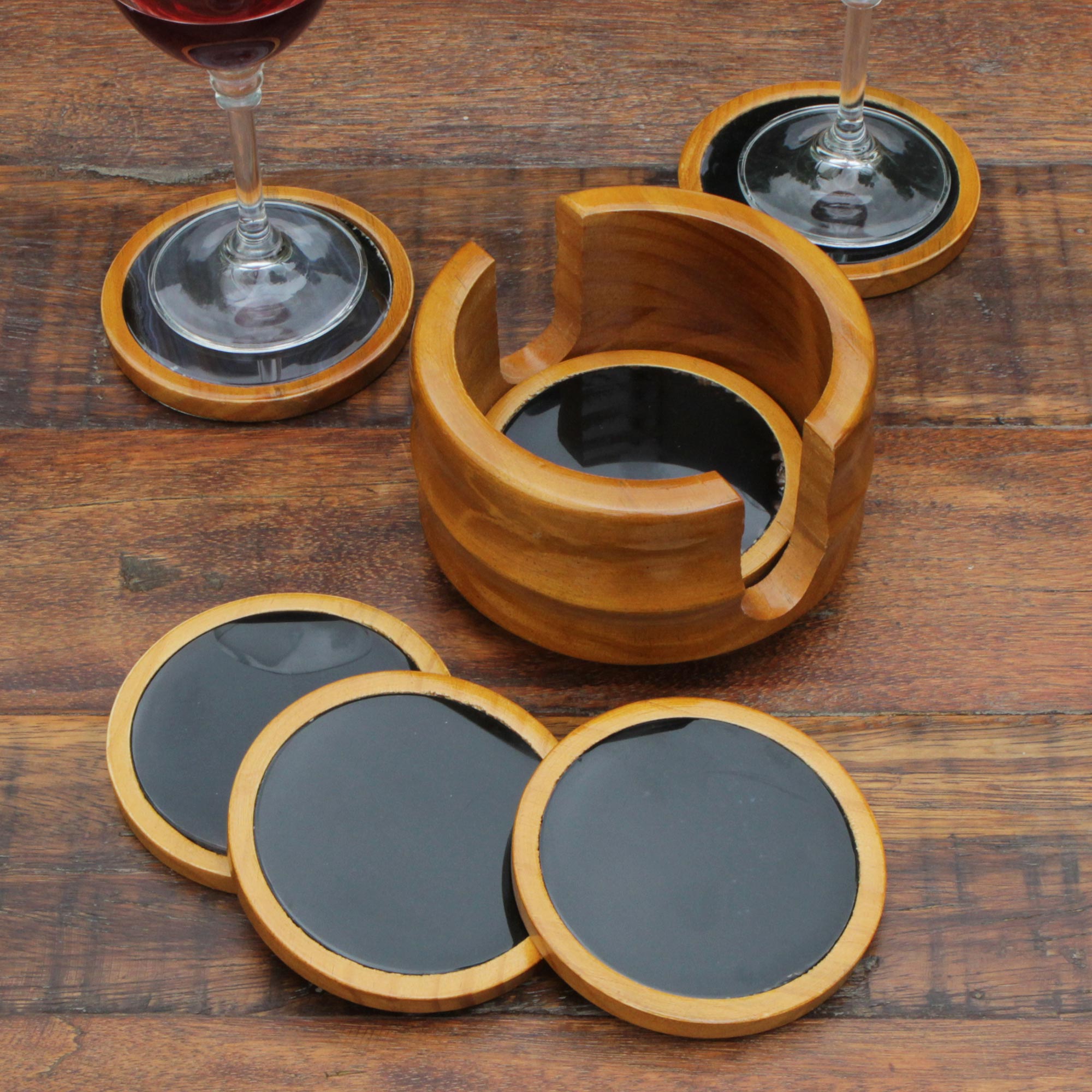 Premium Nocturnal Wisdom Coaster Set: 6 Black Agate & Cedar Wood Coasters with Stand