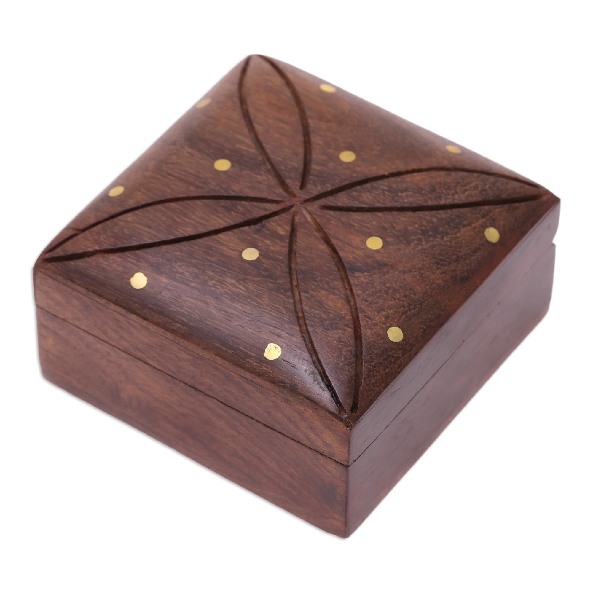 Premium Mango Wood Decorative Box with Brass Dot Inlay - Elegant Hinged-Lid Design
