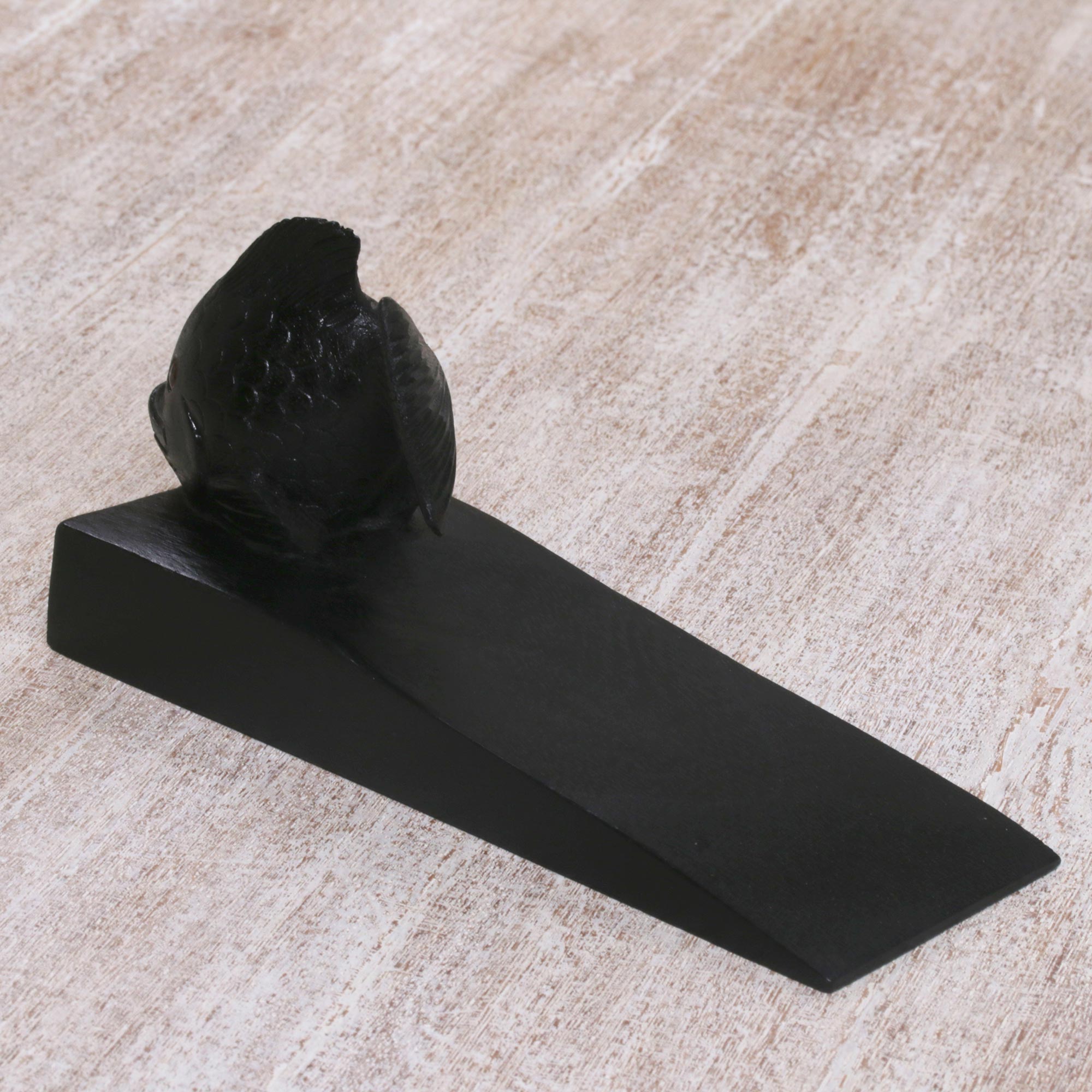 Premium Handcrafted Suar Wood Fish Doorstop - Black Balinese Design