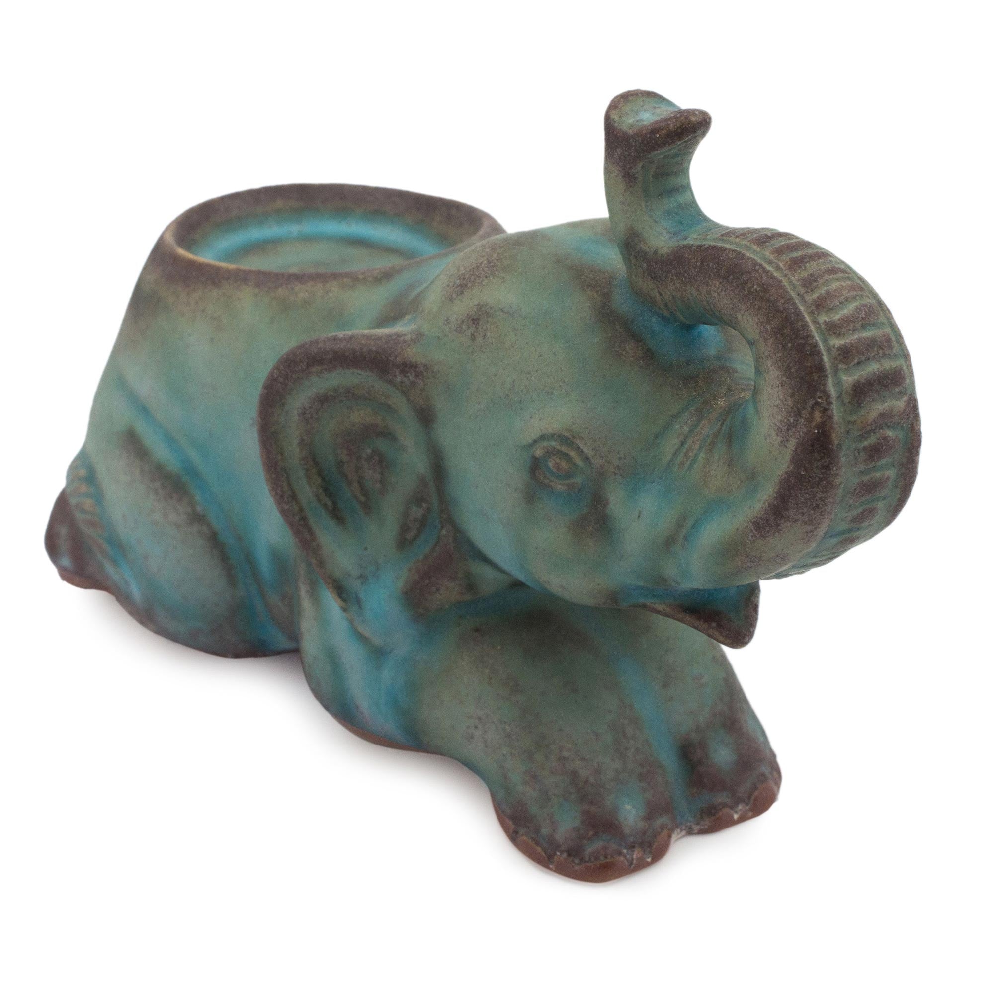 Premium Turquoise Elephant Ceramic Tea Light Holder – Handcrafted in Thailand