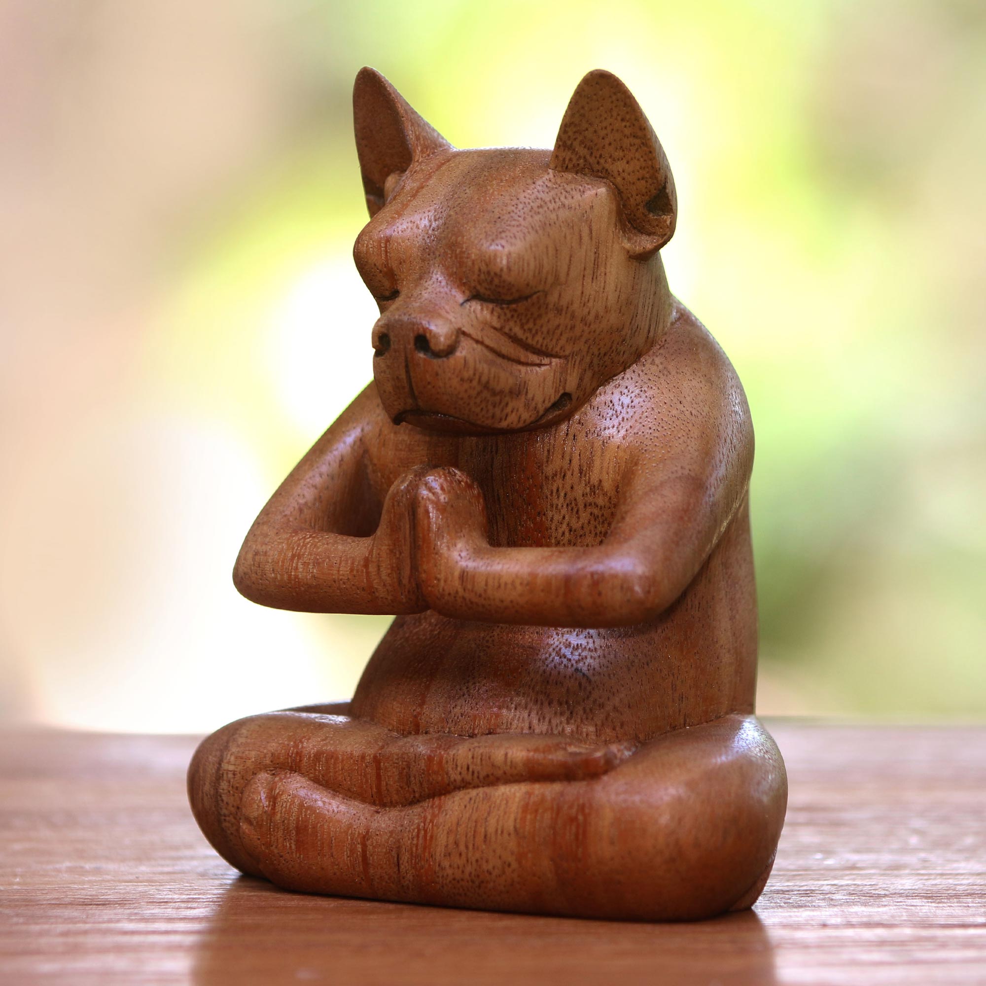 Premium Brown Boston Terrier Yoga Statuette – Handmade Wood Meditation Sculpture