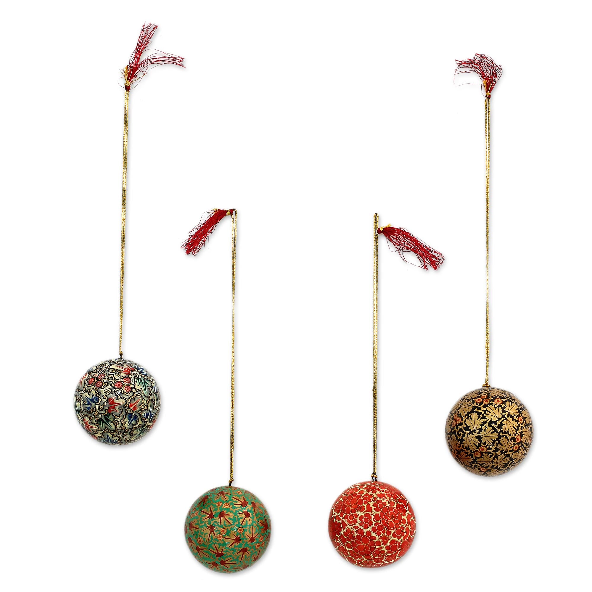 Premium Handmade Papier Mache Ornaments - Set of 4 Colorful Indian Christmas Baubles