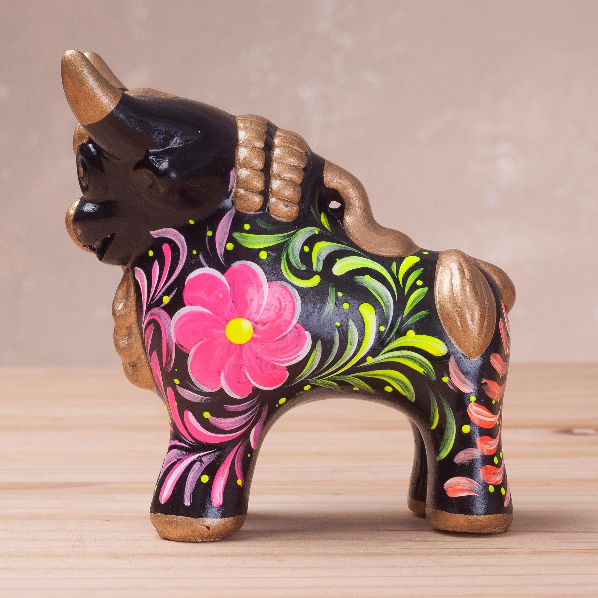 Premium Black Ceramic Pucara Bull Sculpture - Handcrafted Floral Design from Peru