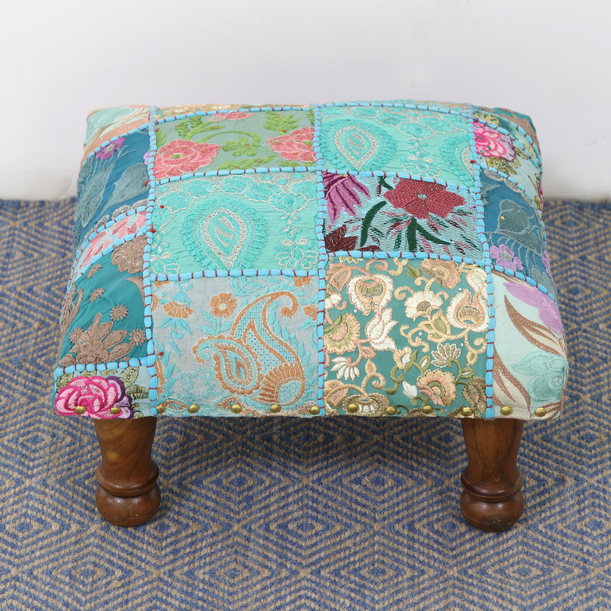 Premium Handcrafted Rajasthani Patchwork Ottoman Stool – Eco-Friendly Fair Trade Design