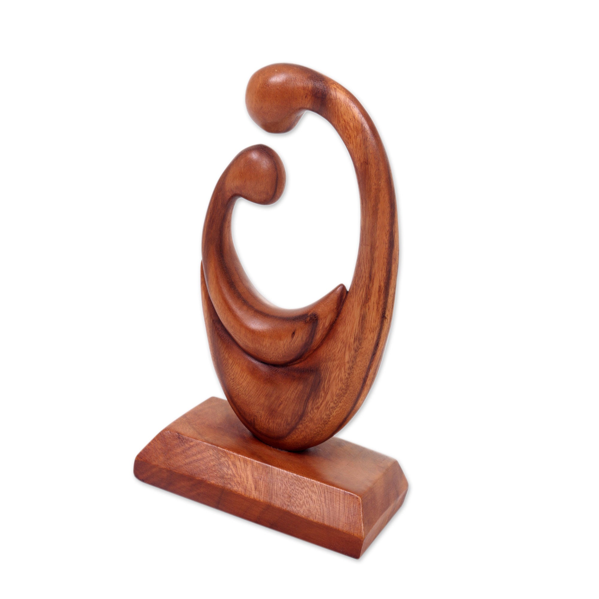 Premium Hand-Carved Mother and Child Wood Sculpture - Balinese Artisan Signed