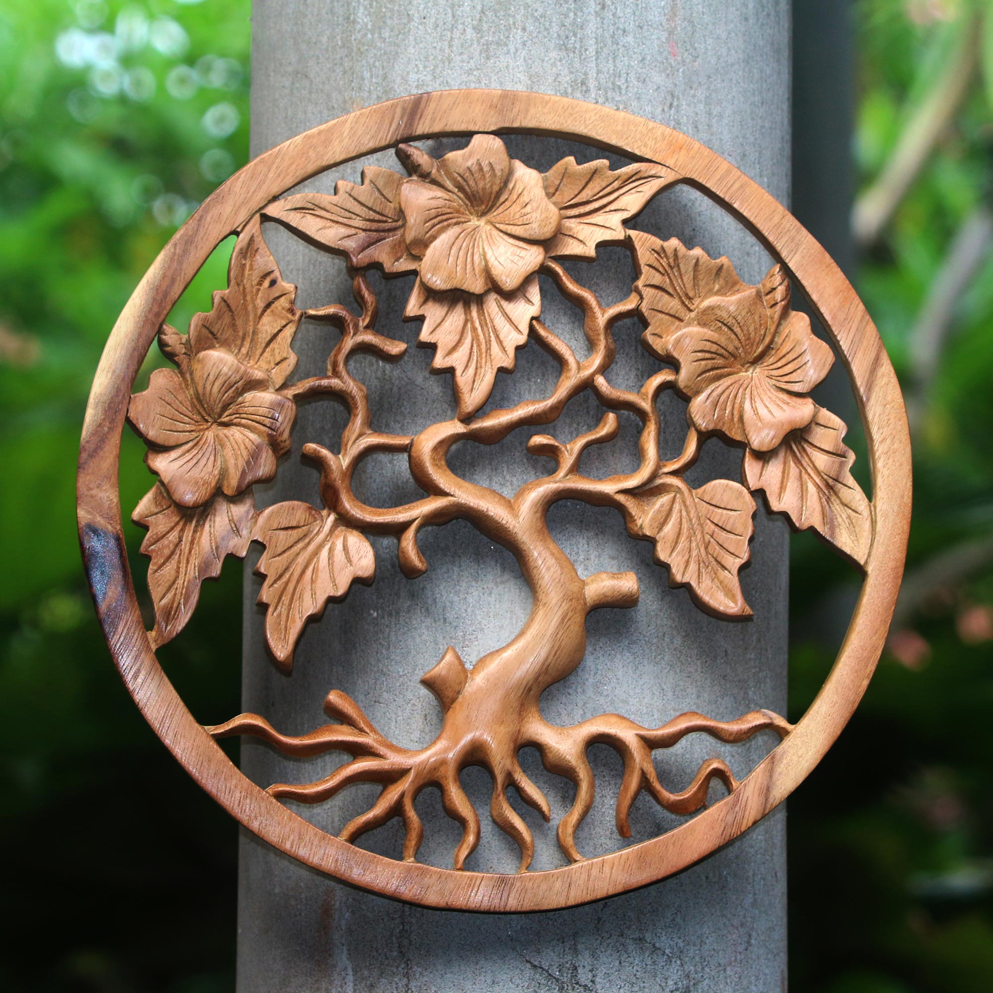 Premium Hand-Carved Frangipani Tree Suar Wood Art Panel – Bali Inspired