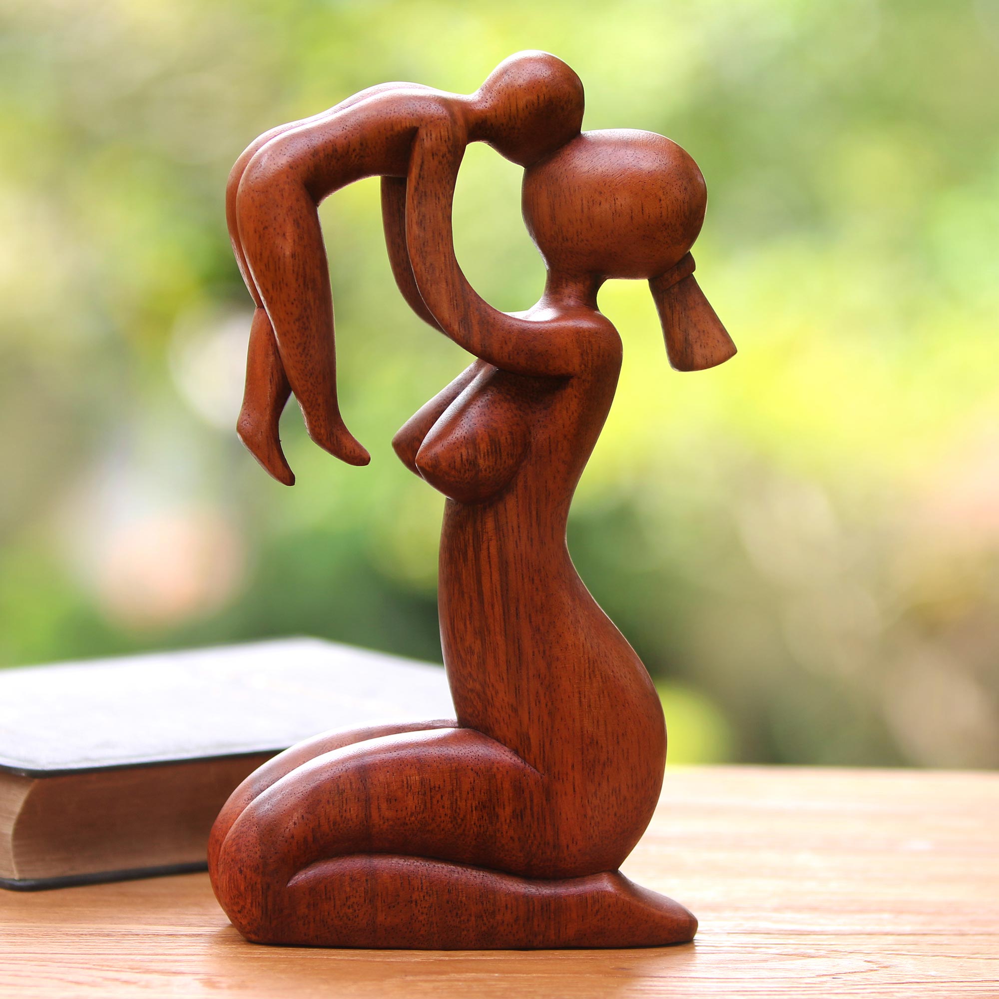 Premium Mother's Love Suar Wood Family Sculpture