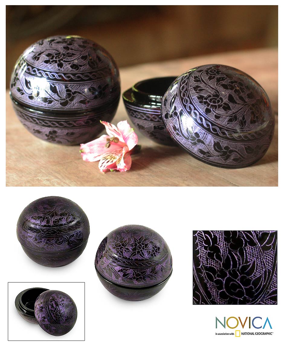 Premium Mango Wood Decorative Box Set - Violet Motif Design