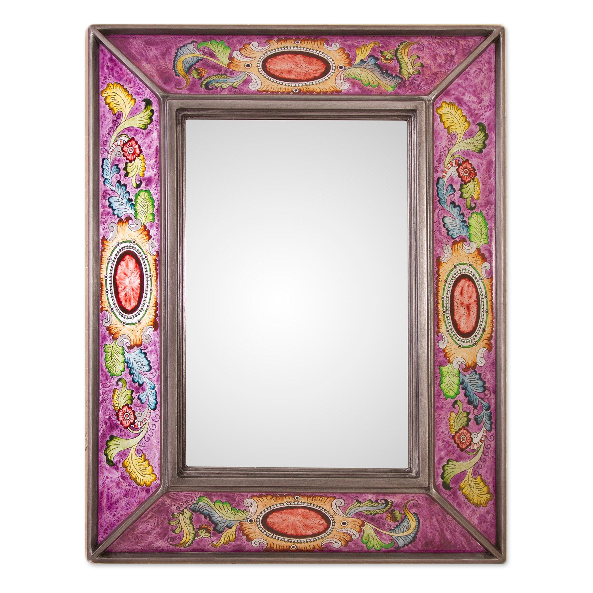 Premium Floral Medallions Reverse-Painted Glass Wall Mirror – Handcrafted in Peru
