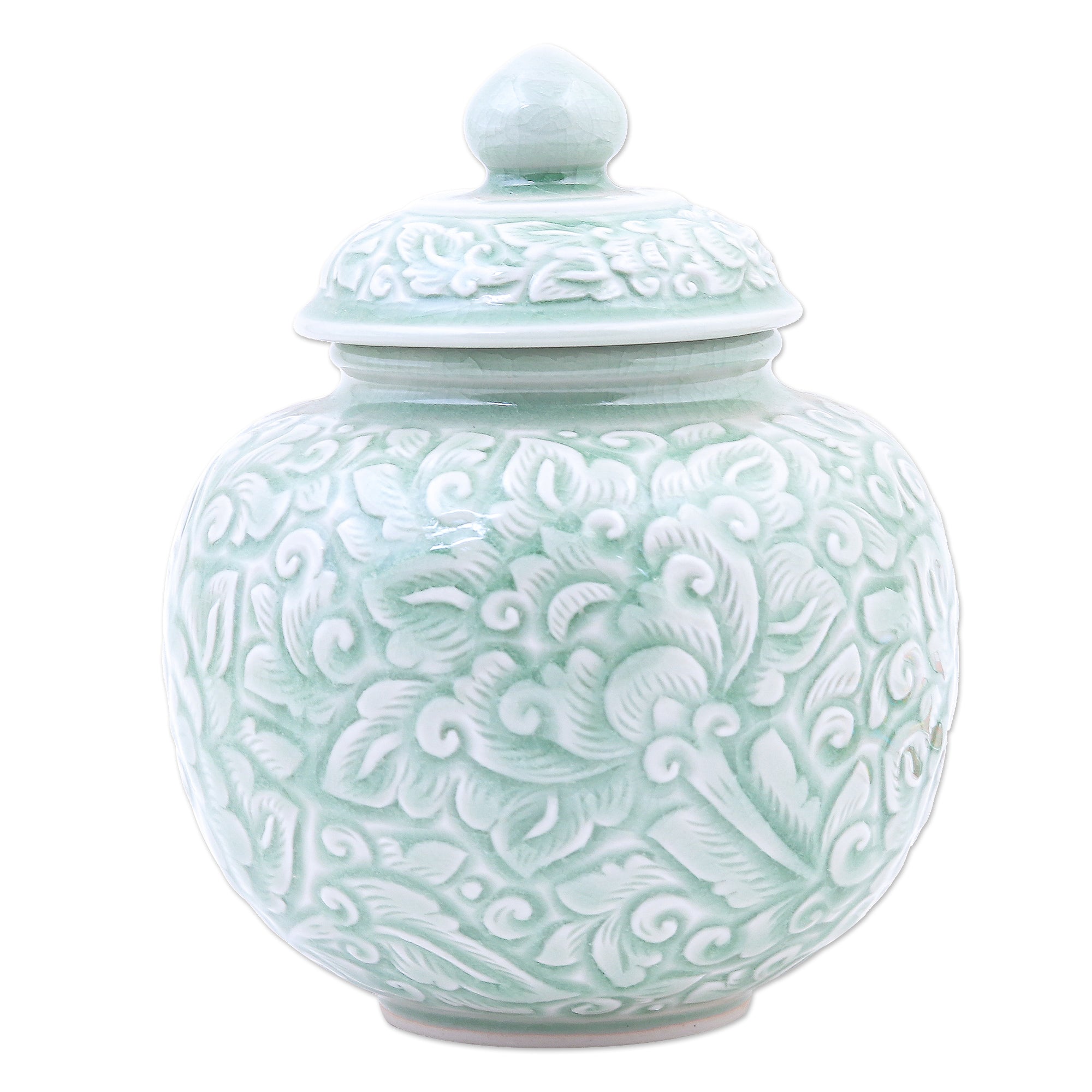 Premium Celadon Floral Ceramic Jar - Handcrafted Artisan Elegance