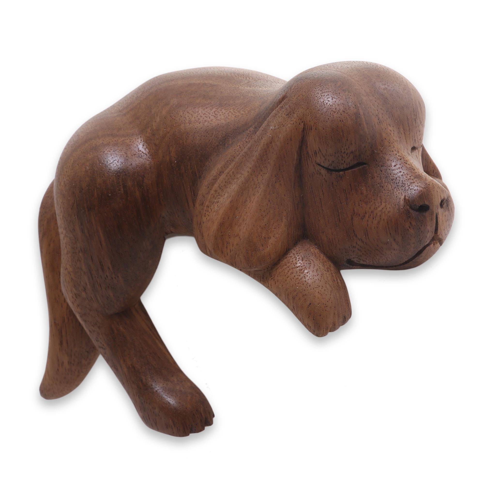 Premium Hand-Carved Sleeping Cocker Spaniel Puppy Wood Sculpture