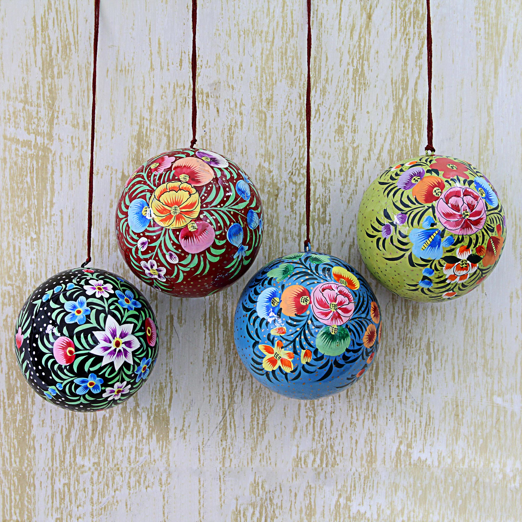Premium Hand-Painted Floral Ornaments Set - Exquisite Multicolored Papier Mache Decor (Set of 4)