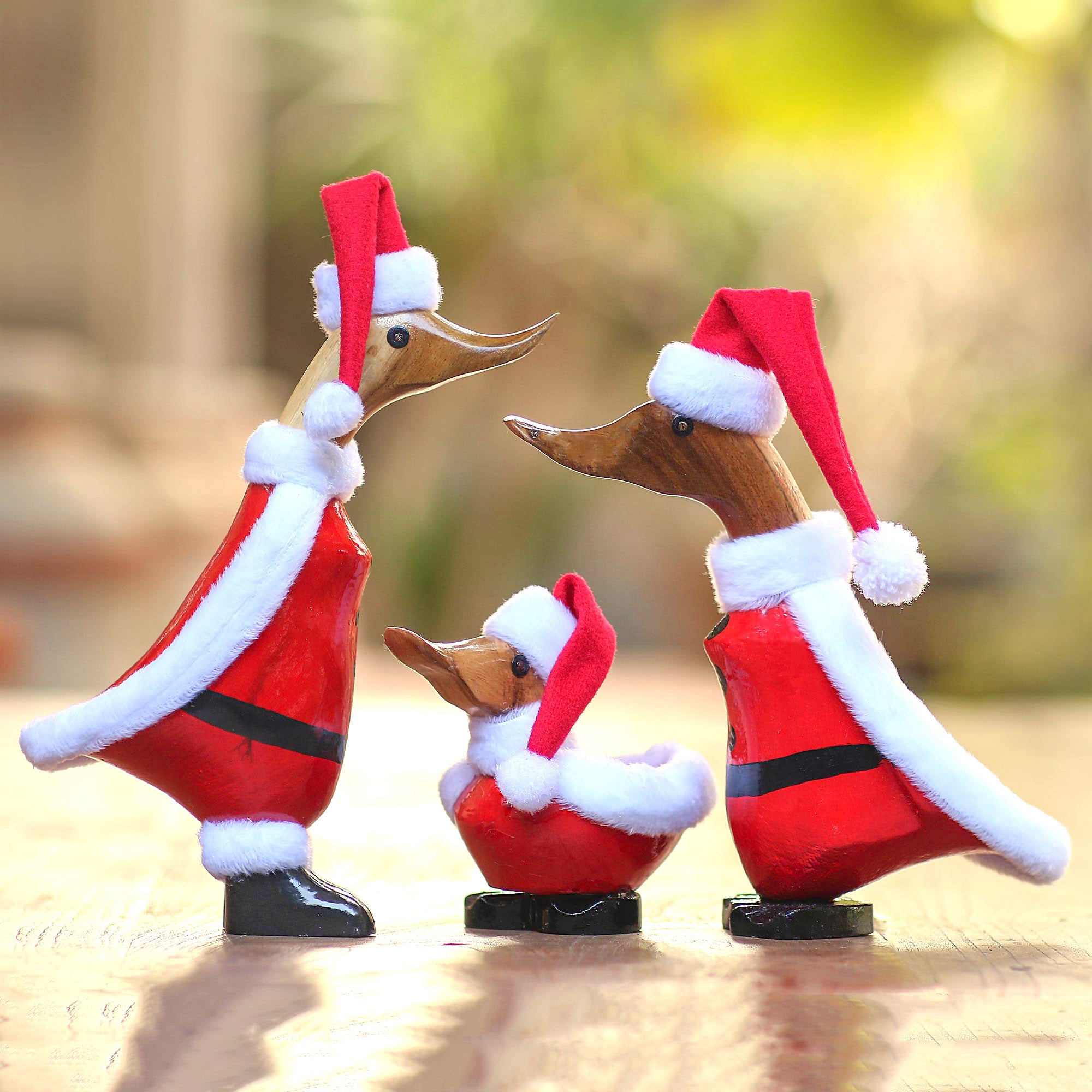 Premium Santa Ducks Trio - Handcrafted Bamboo Root Decor with Acacia Wood Accents
