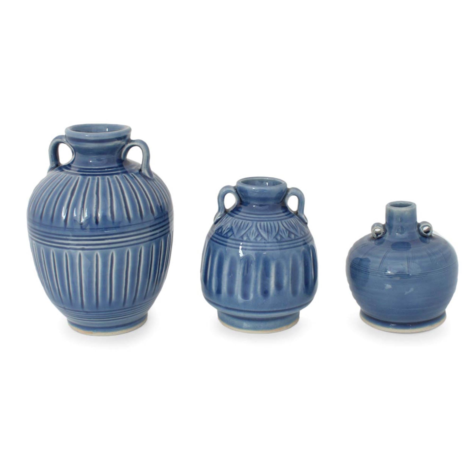 Premium Sawankhalok Celadon Ceramic Vase Set of 3 - Handcrafted Blue Elegance