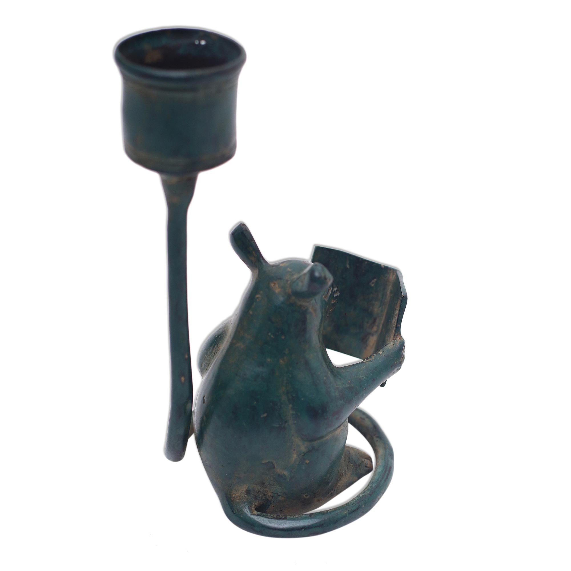 Premium Antiqued Bronze Reading Mouse Figurine - Whimsical Bali Art Piece